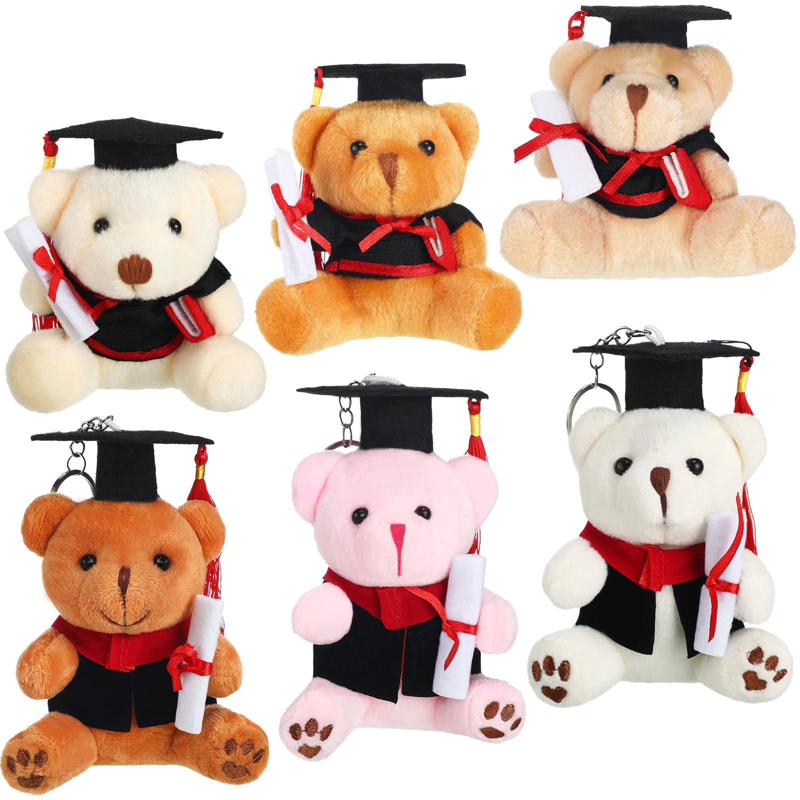 Skylety 6-Piece Plush Graduation Bears Set - Soft Stuffed Animals with Black Caps & Keychains for Preschool, Kindergarten, Elementary, High School & College Graduation Gifts - Perfect for Graduation Parties, Decorations & Keepsakes