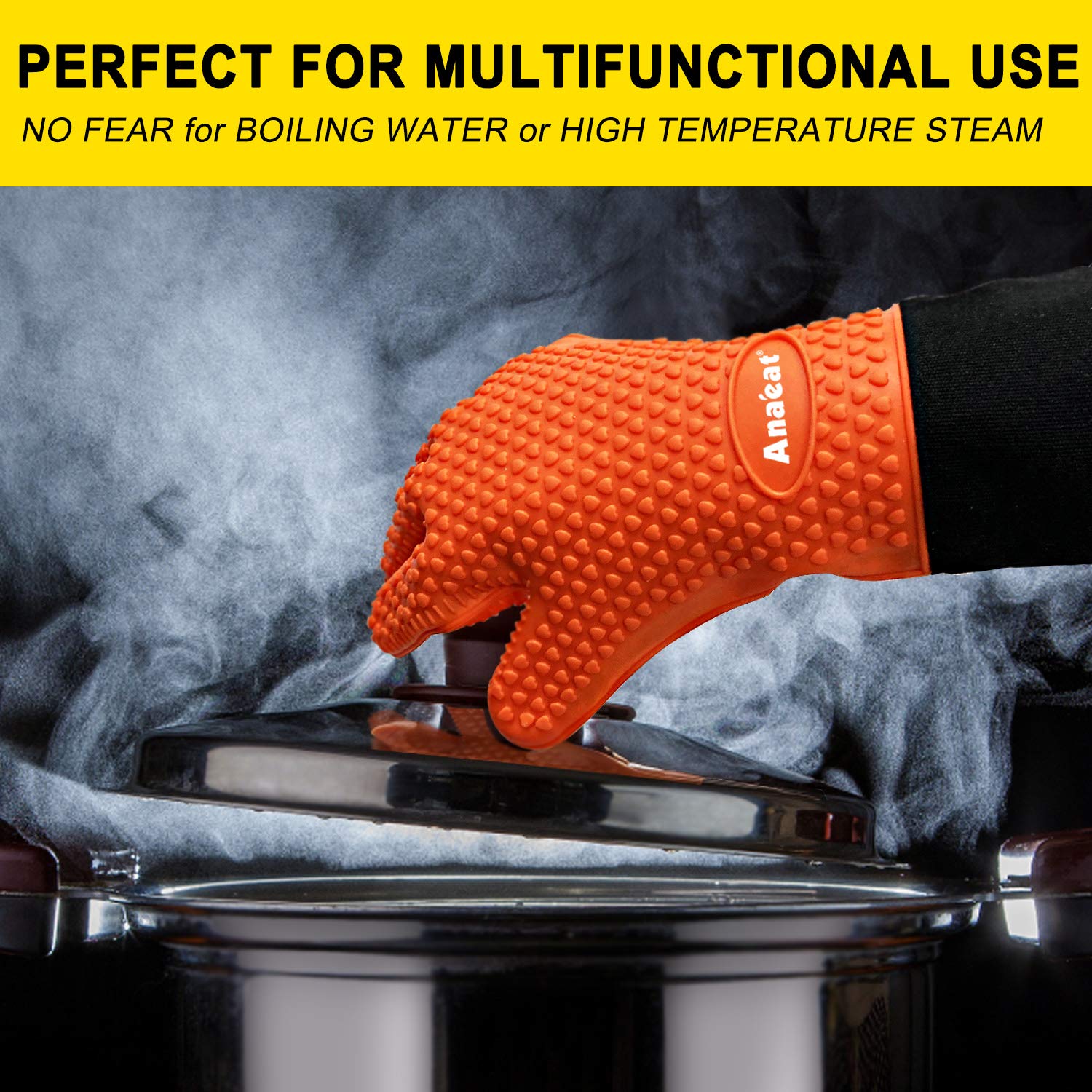 Heat Resistant BBQ Grilling Gloves - Waterproof Oven Mitts with Cotton Lining for Barbecue, Baking & Cooking - Flexible Silicone Potholder with Long Wrist Protection (Orange) - Perfect for Outdoor Grilling, Kitchen Baking & Hot Food Handling