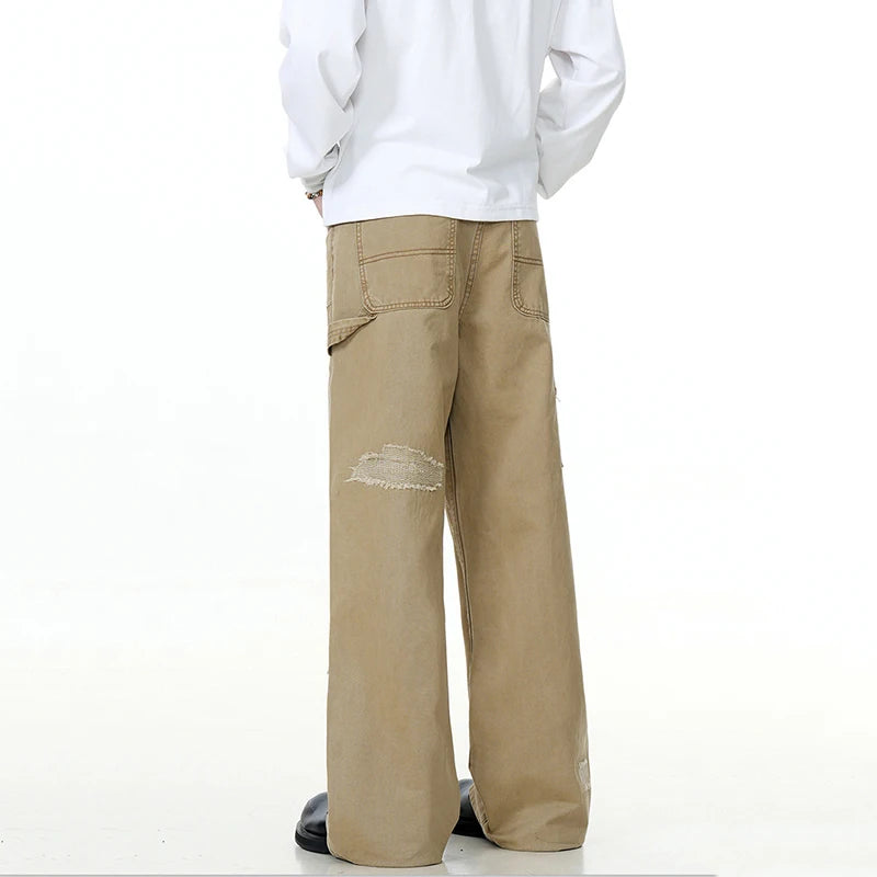 **Men's Cargo Jeans - Straight Wide Leg with Stylish Pockets | Trendy Hole & Solid Color Design | Casual Summer Bottoms for Outdoor & Streetwear | Model 9W1894**