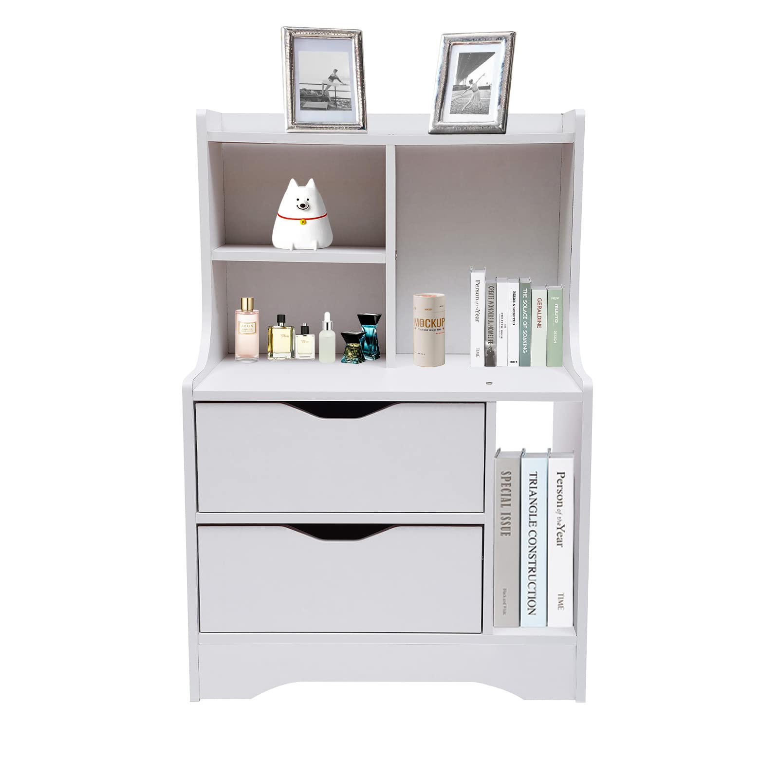 Modern White Tall Nightstand with 2 Drawers & Bookshelf - Wooden Bedside Table with Storage for Bedroom, Living Room & Office - Perfect for Organizing Books, Lamps & Bedroom Essentials