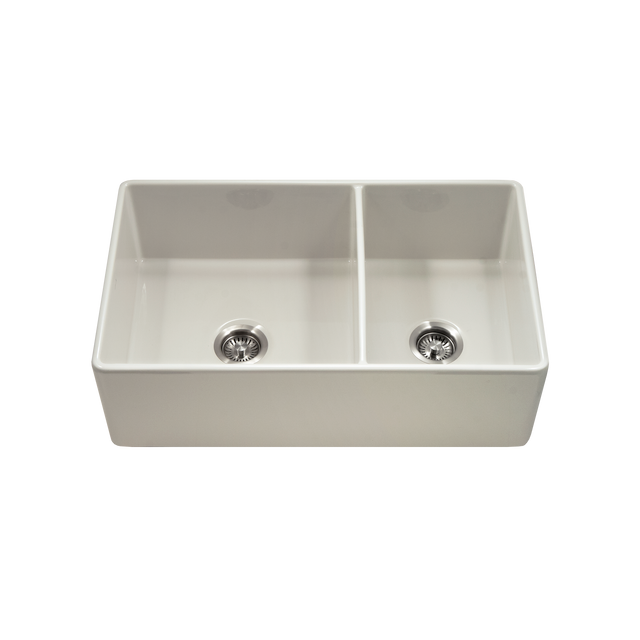 Houzer Platus Series 33-Inch Fireclay Farmhouse Sink - Dual Mount Undermount/Apron Front 60/40 Double Bowl Kitchen Sink for Modern Farmhouse & Rustic Kitchen Designs
