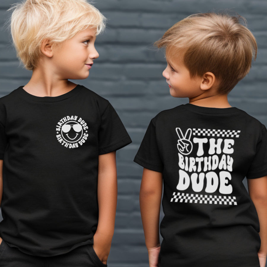 Birthday Dude Front & Back Graphic Kids T-Shirt - Fun Birthday Party Outfit for Boys & Girls