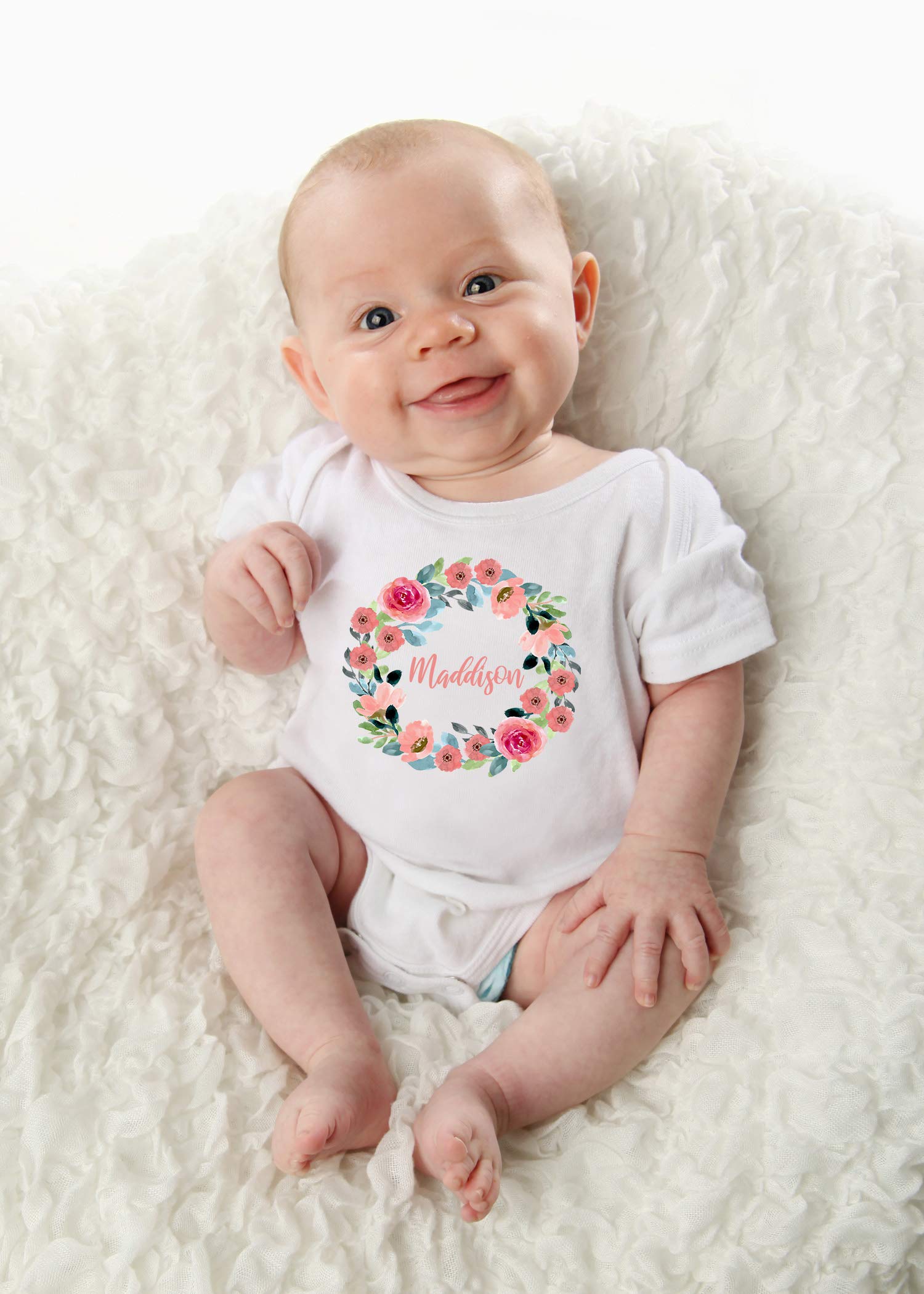 Personalized Woodland Boho Baby Girl Name Onesie - Custom Flower Wreath Design for Newborn Photography, Christening & Special Occasions