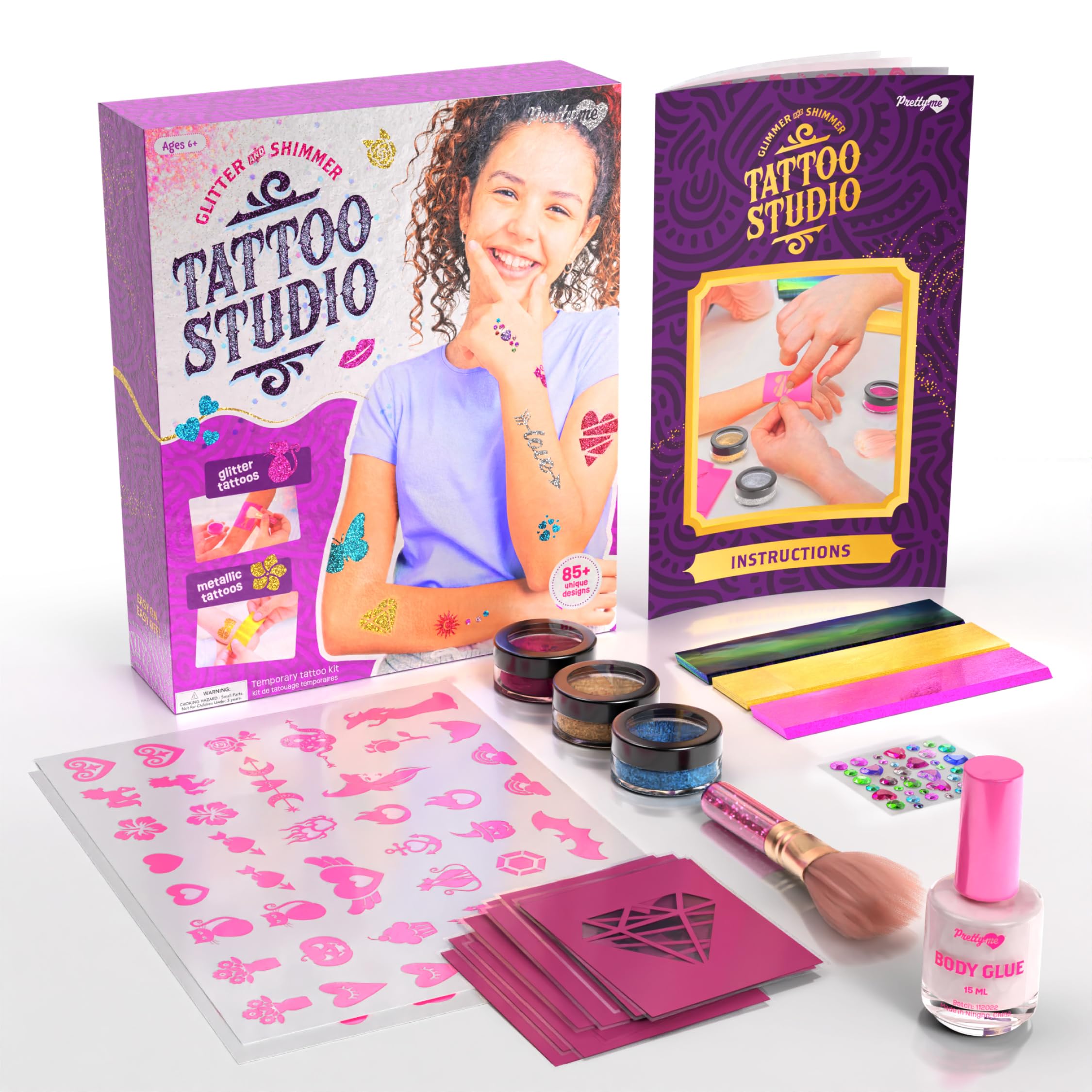 Shimmery Temporary Tattoo Kit for Kids - Glitter & Metallic Fake Tattoos for Girls Ages 6-11 - Easter Birthday Party Favors & Creative Craft Toys - Perfect for Dress-Up, Playdates & Special Occasions