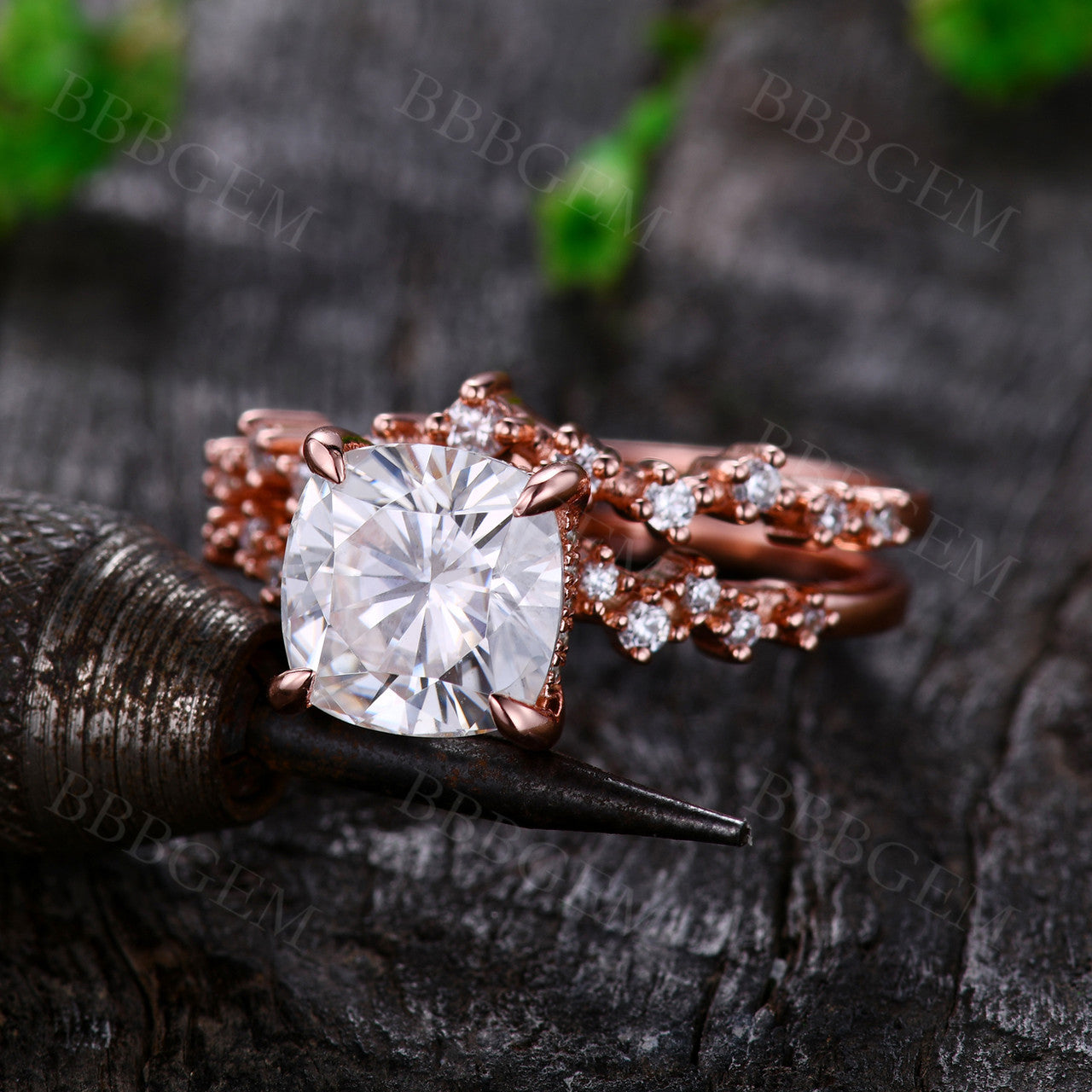 1.7 Carat Cushion Cut Moissanite Engagement Ring Set with Matching Wedding Band in Rose Gold - Vintage Inspired Bridal Jewelry for Proposals, Anniversaries & Special Occasions