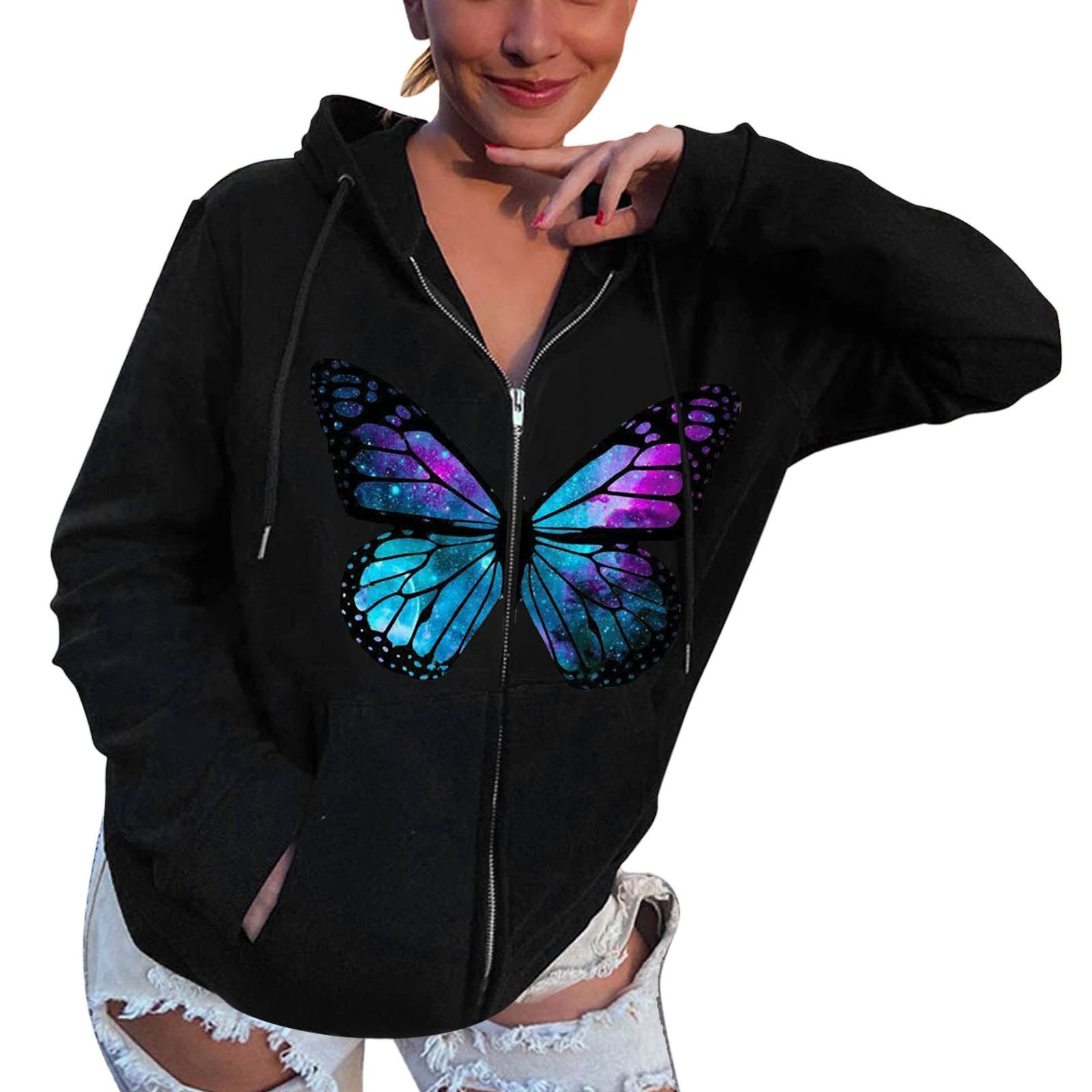 Women's Rhinestone Print Fleece Hooded Jacket - Long Sleeve Zipper Sweatshirt with Warm Fleece Lining | Perfect for Casual Wear, Winter Outfits & Outdoor Activities