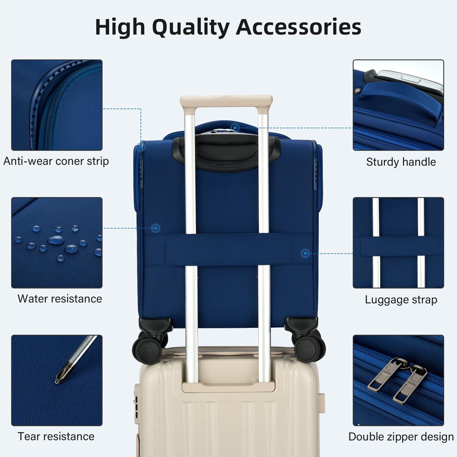 16 Inch Underseat Carry On Luggage with Wheels - Softside Small Suitcase for Air Travel, Personal Item Bag with Pockets - Lightweight Business Overnight Bag for Men & Women (Blue) | Perfect for Business Trips, Weekend Getaways & Cabin Luggage