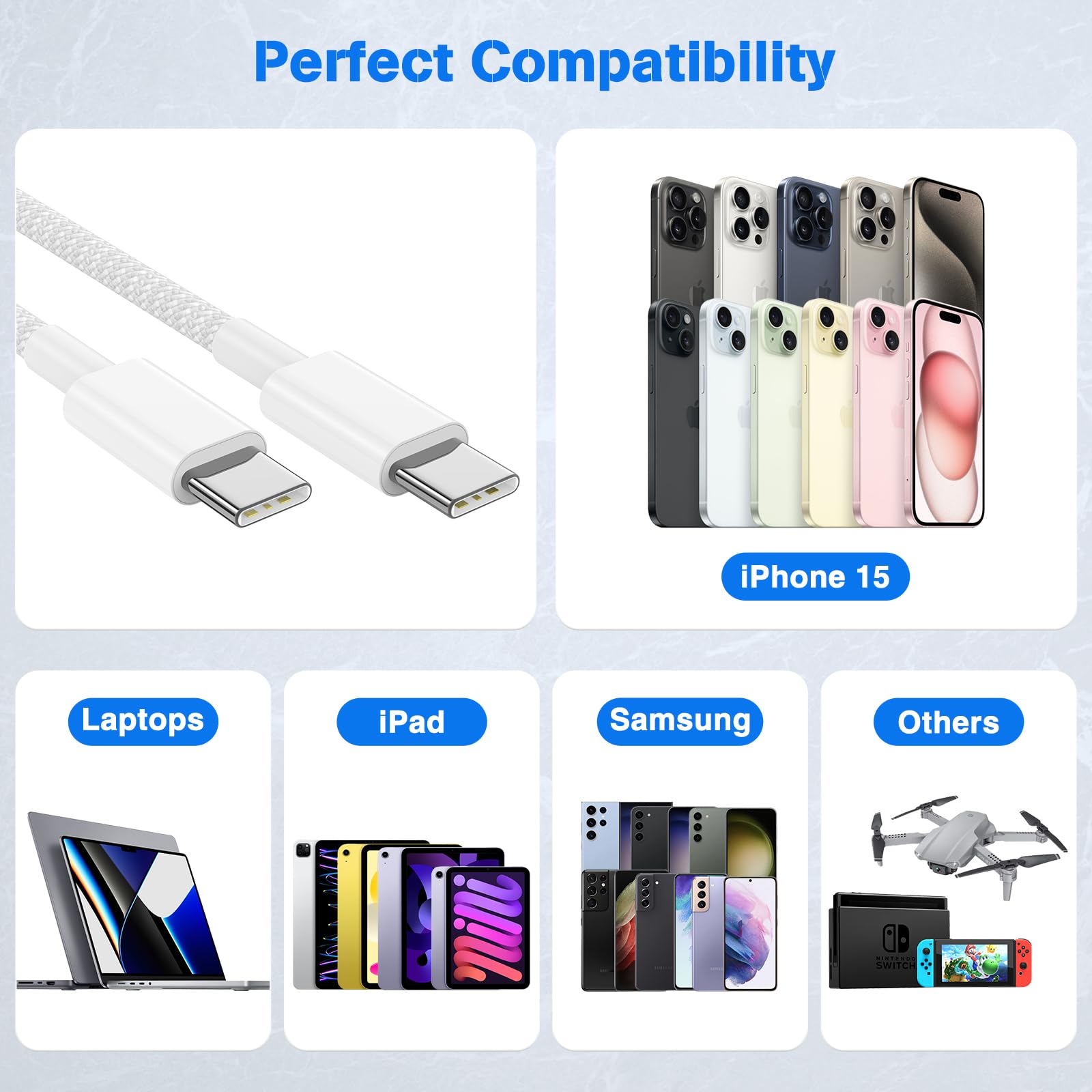 3-Pack 60W USB C to USB C Fast Charging Cable 3ft Braided for iPhone 16/15/15 Pro/15 Pro Max/15 Plus, iPad Pro/Air 4/5/Mini 6, MacBook Air - Durable & High-Speed Charging for Home, Office & Travel