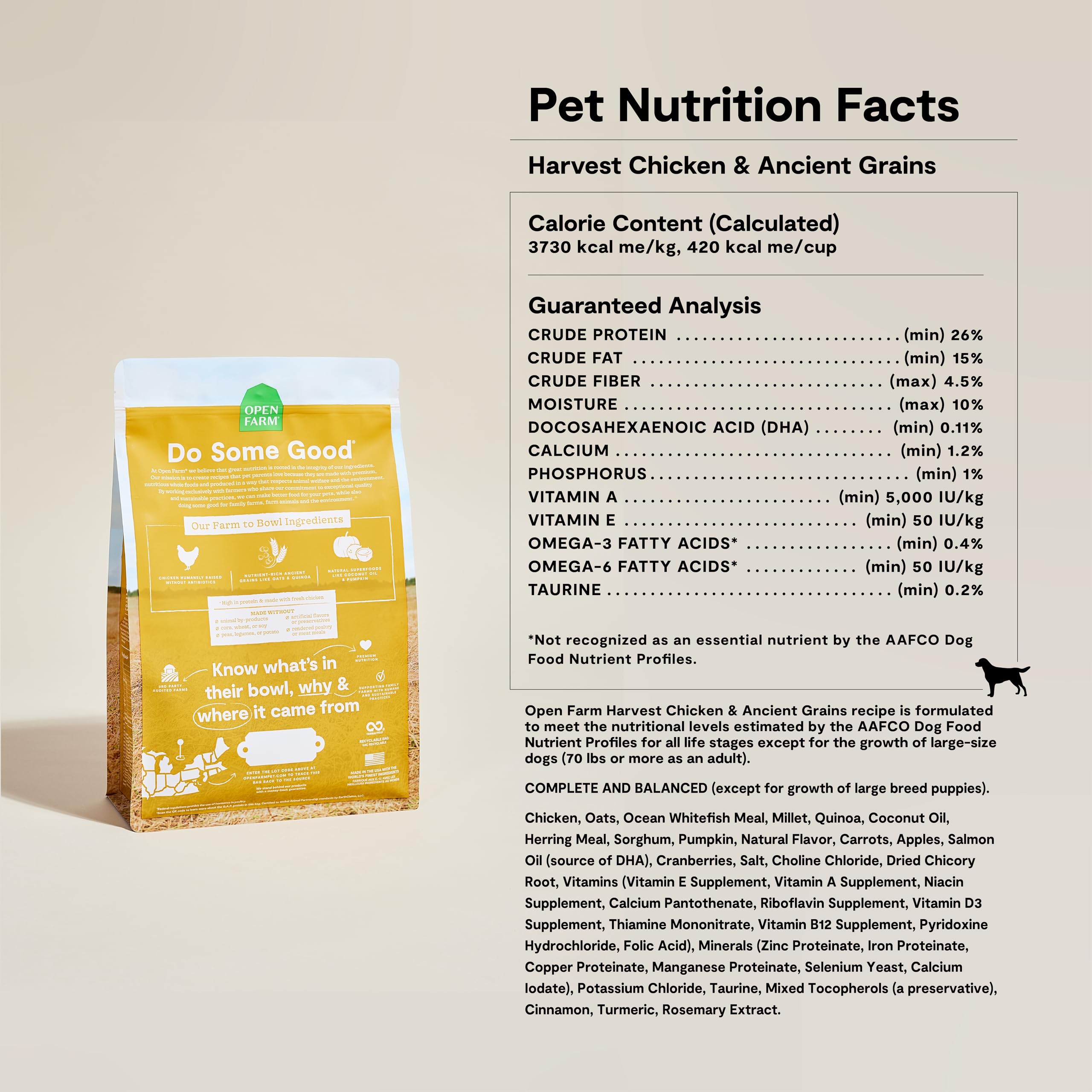 Open Farm Ancient Grains Dry Dog Food - High Protein, Nutrient-Dense with 90% Animal Protein | Non-GMO Superfood Blend with Fruits & Vegetables | Harvest Chicken Recipe | 22lb Bag for Large & Active Dogs | Perfect for Daily Meals & Training Rewards