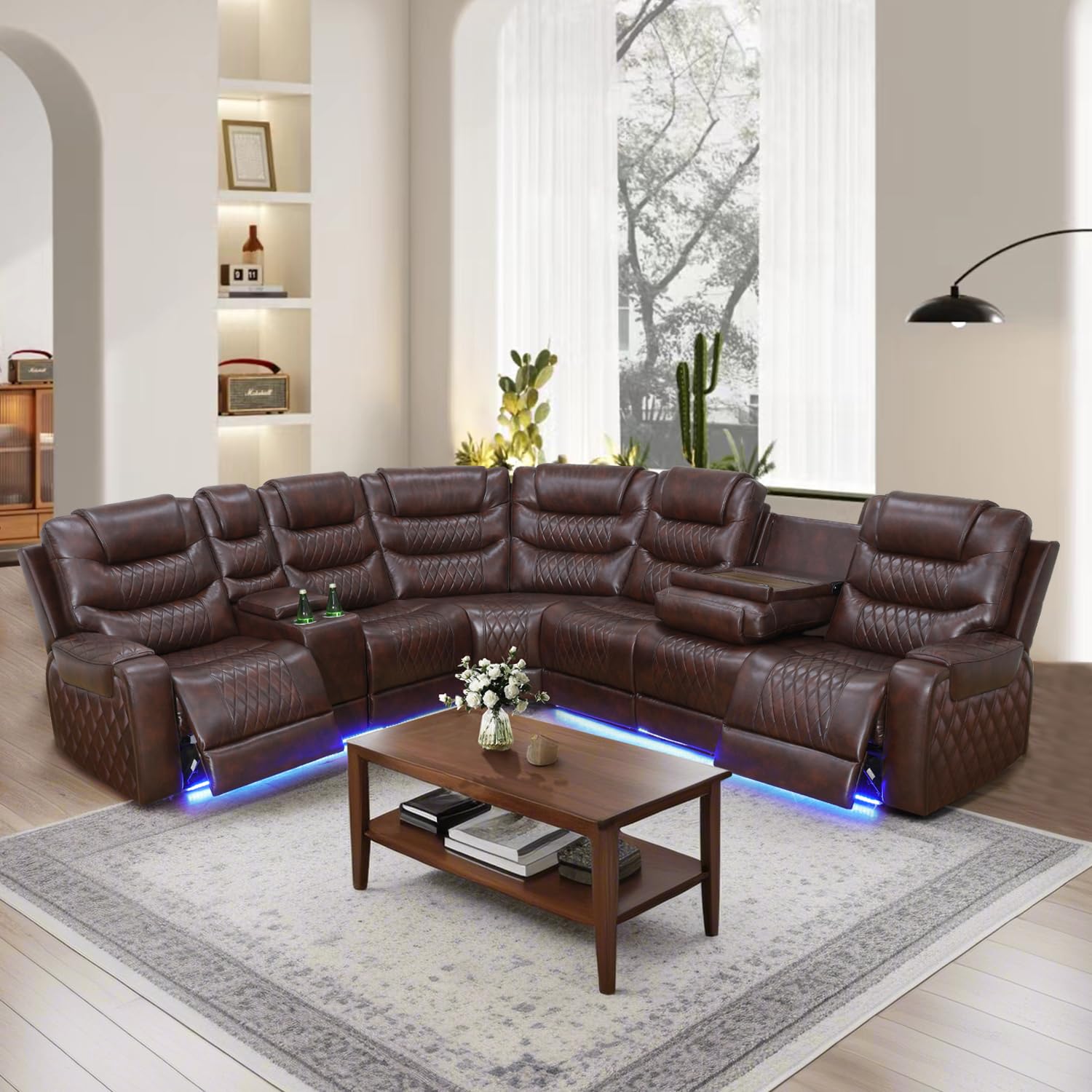Power Reclining Sectional Sofa with USB Chargers & Storage Console - Genuine Leather Recliner Sofa Set for Living Room, Apartment, Office & Home Theater - Comfortable Modern Furniture (Brown) | Perfect for Family Movie Nights, Guest Entertaining & Relaxing After Work