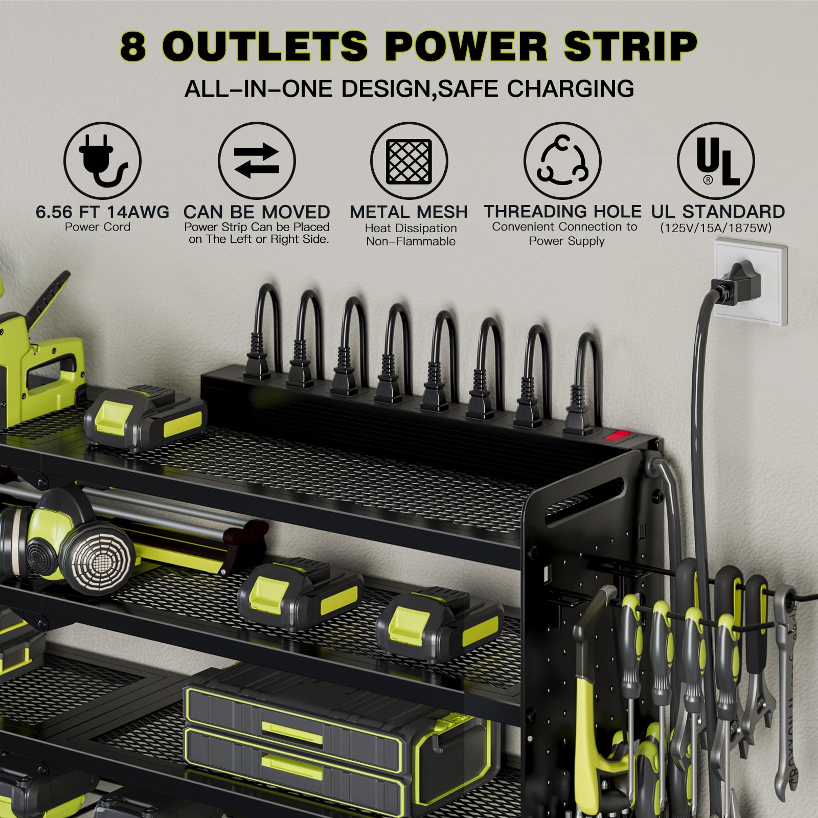 Wall Mounted Power Tool Organizer with Charging Station - 8 Drill Holder & 4 Layer Storage Rack for Garage Organization - Includes 8 Outlet Power Strip (Black) | Perfect for Workshop, Garage & DIY Projects