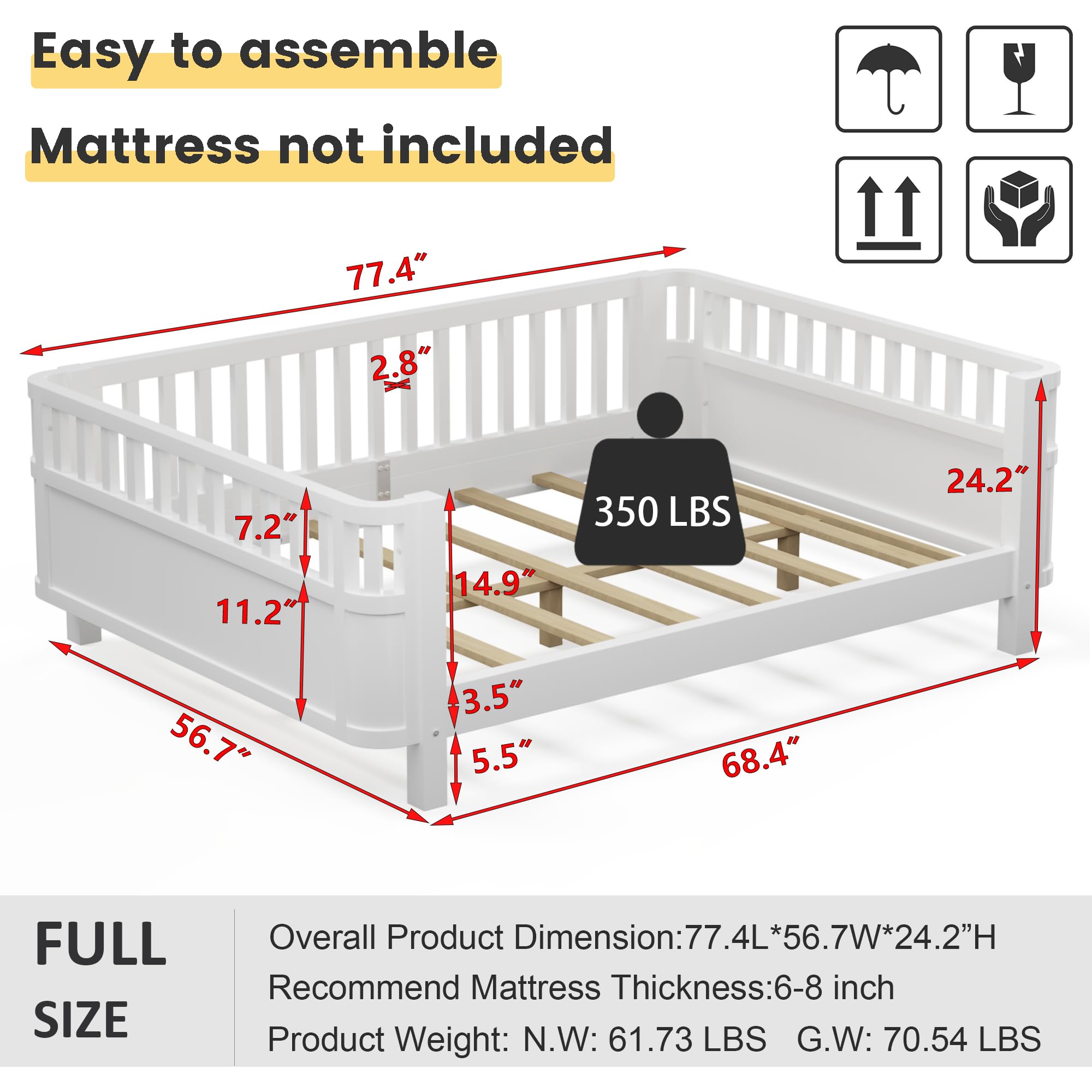 Montessori Full Size Bed with Guardrails - Solid Wood Kids Bed Frame with Slats Support - Low Profile Modern Toddler Bed with Removable Side Rails for Boys & Girls - Perfect for Bedroom, Nursery or Playroom - White