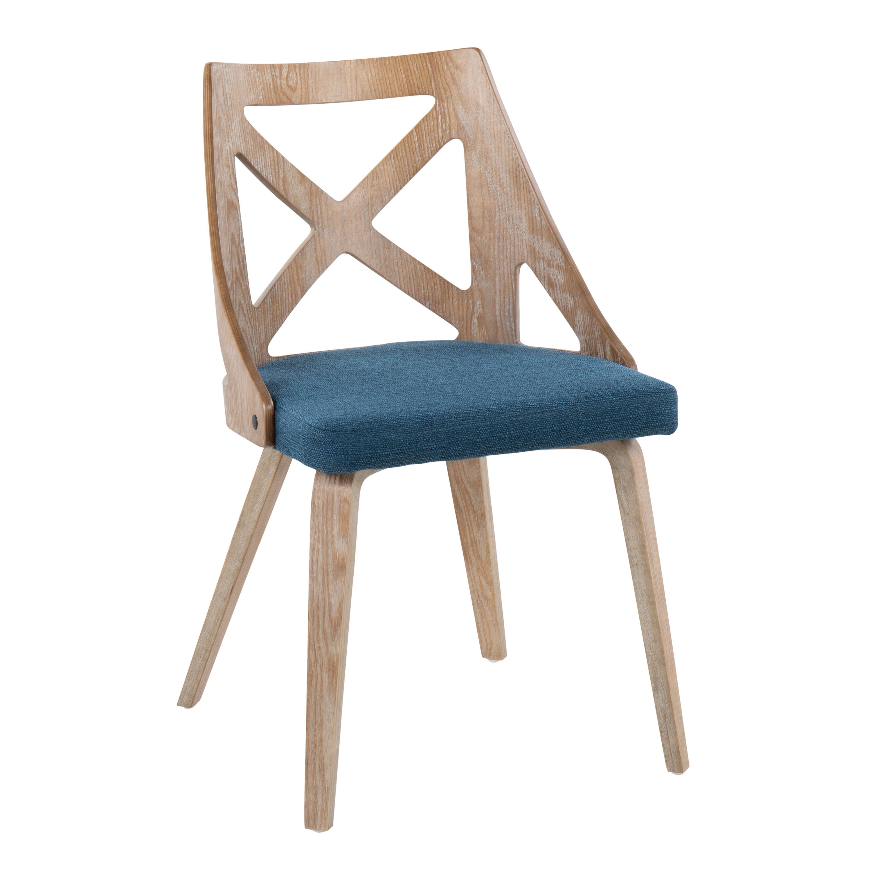 LumiSource Charlotte Farmhouse Chair Set of 2 - White Washed Wood & Blue Fabric Upholstered Dining Chairs for Kitchen, Breakfast Nook or Farmhouse Decor