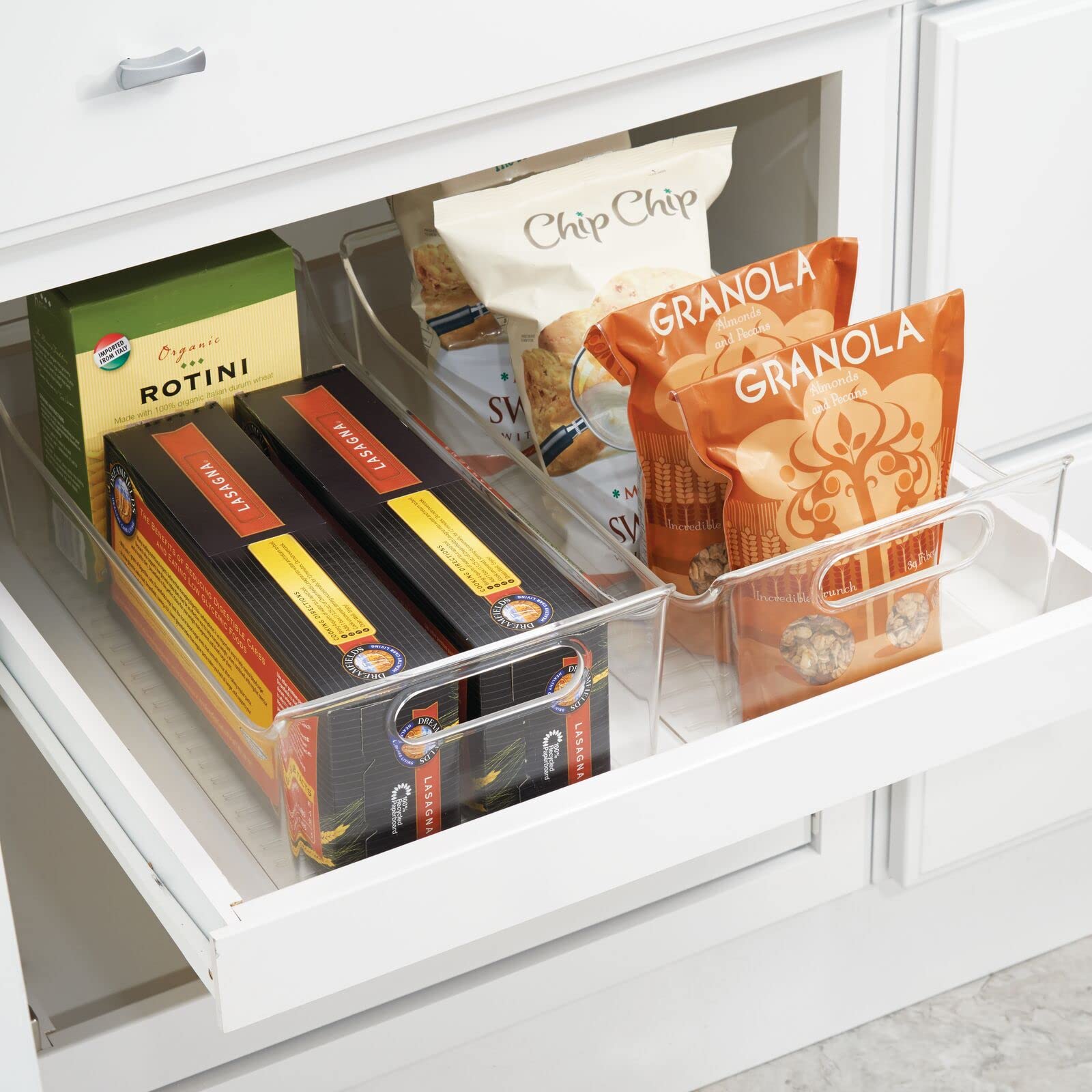 mDesign Slim Plastic Kitchen Pantry Cabinet Organizer Bins - 4 Pack Clear Storage Containers with Handles for Fridge, Freezer, Pantry - Perfect for Organizing Fruits, Yogurt, Snacks, Pasta - 16