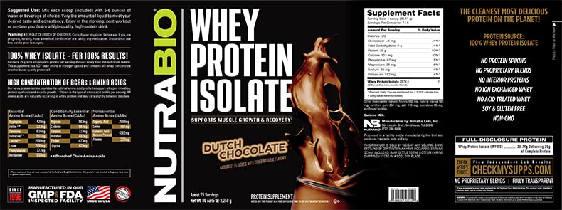NutraBio Whey Protein Isolate Powder - 25g Protein Per Scoop, Complete Amino Acid Profile - Soy Free, Gluten Free, Non-GMO, No Fillers - Dutch Chocolate Flavor (5 Lbs) - Post Workout Recovery, Muscle Building, Healthy Snack for Fitness Enthusiasts