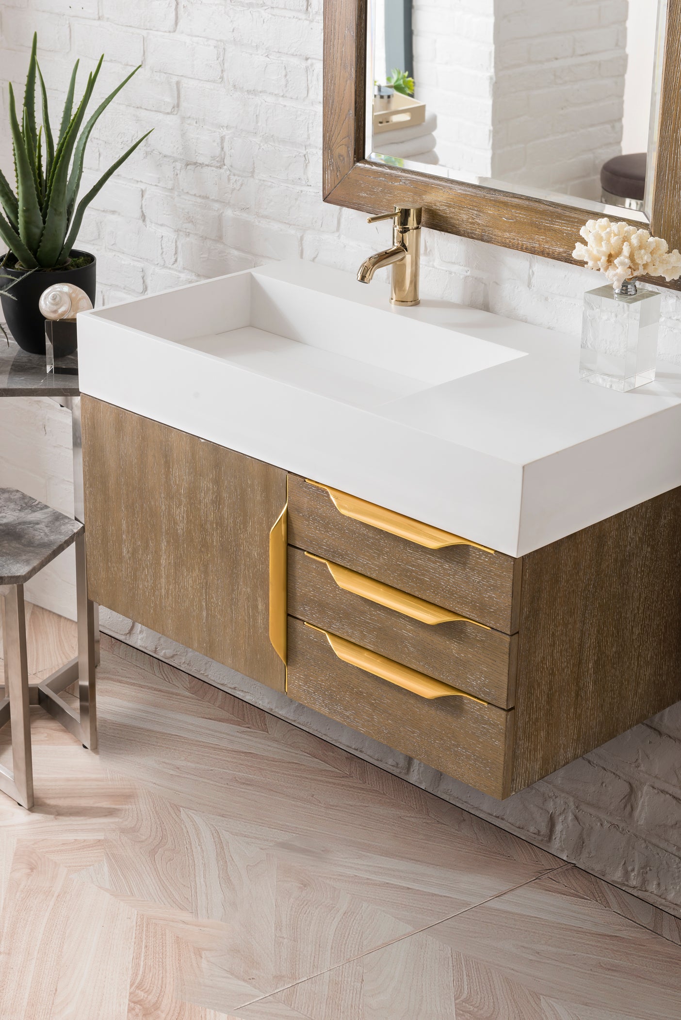 Mercer Island 36 Inch Single Bathroom Vanity in Latte Oak with Radiant Gold Hardware & Glossy White Composite Top - Perfect for Modern Home Bathroom Remodeling and Small Space Design