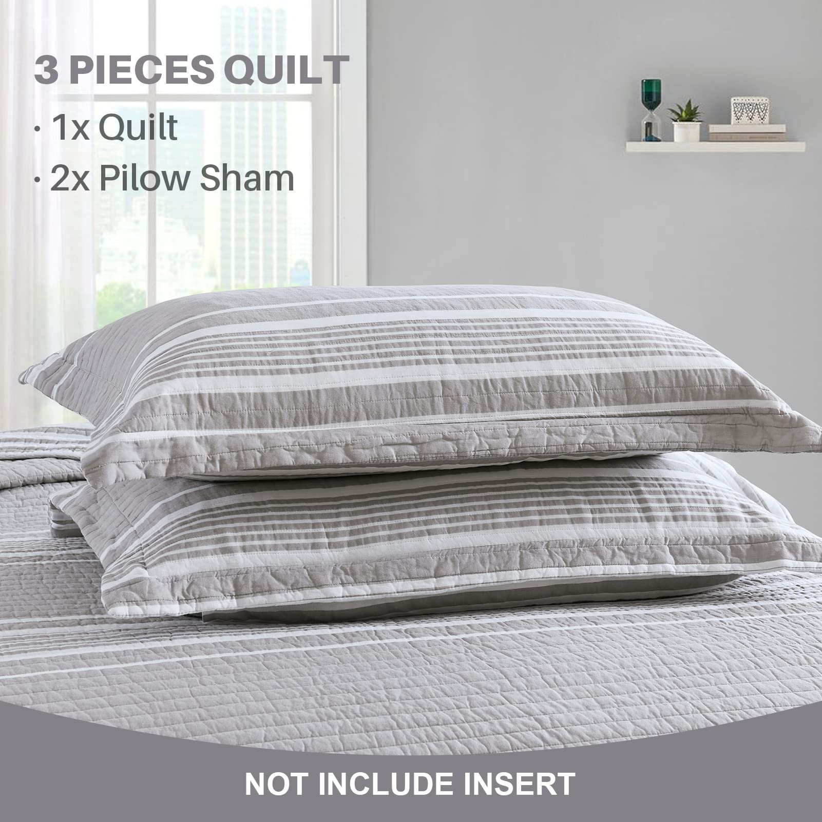 Y-PLWOMEN 100% Cotton King Size Quilt Set - Lightweight Reversible Grey Striped Bedspread for All Seasons | 3-Piece Quilted Coverlet for King Bed | Perfect for Master Bedroom, Guest Room & Cozy Home Decor