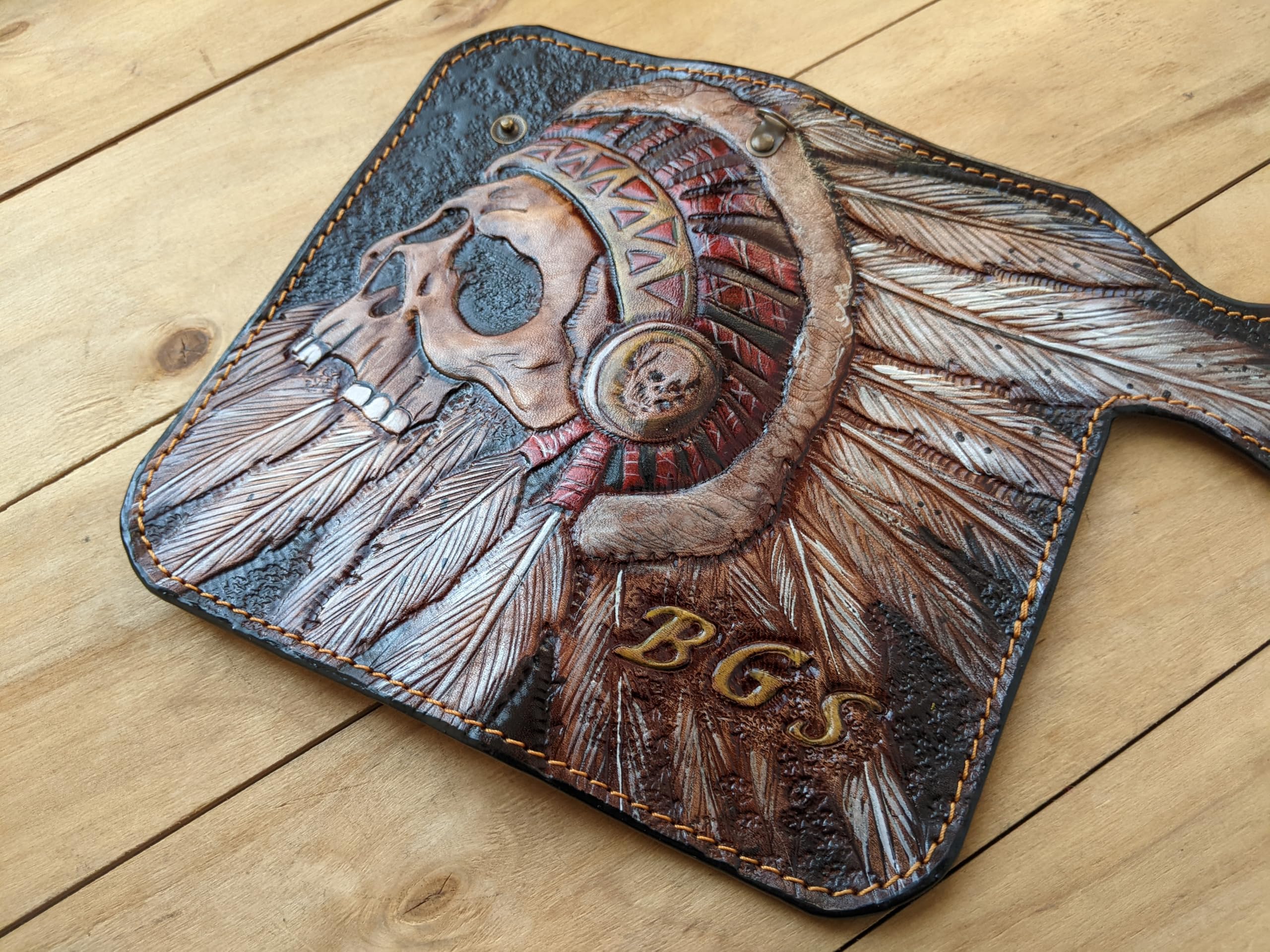 Handmade 3D Genuine Leather Biker Wallet for Men - Custom Engraved & Hand-Painted Long Wallet with Indian Skull & Skeleton Design - Perfect for Motorcycle Riders, Gift Giving & Everyday Use