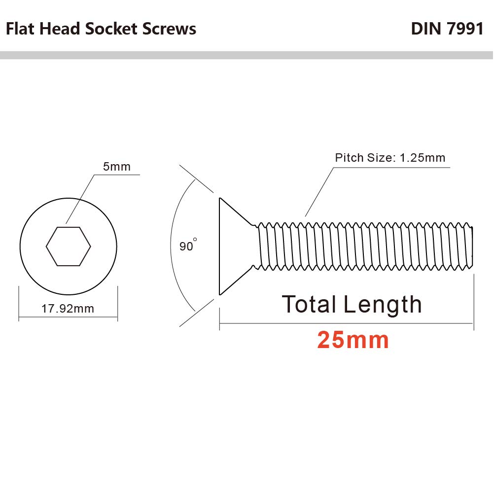 M8-1.25x25mm Grade 10.9 Alloy Steel Flat Head Socket Cap Screws - 25pcs for Furniture & Machinery Assembly