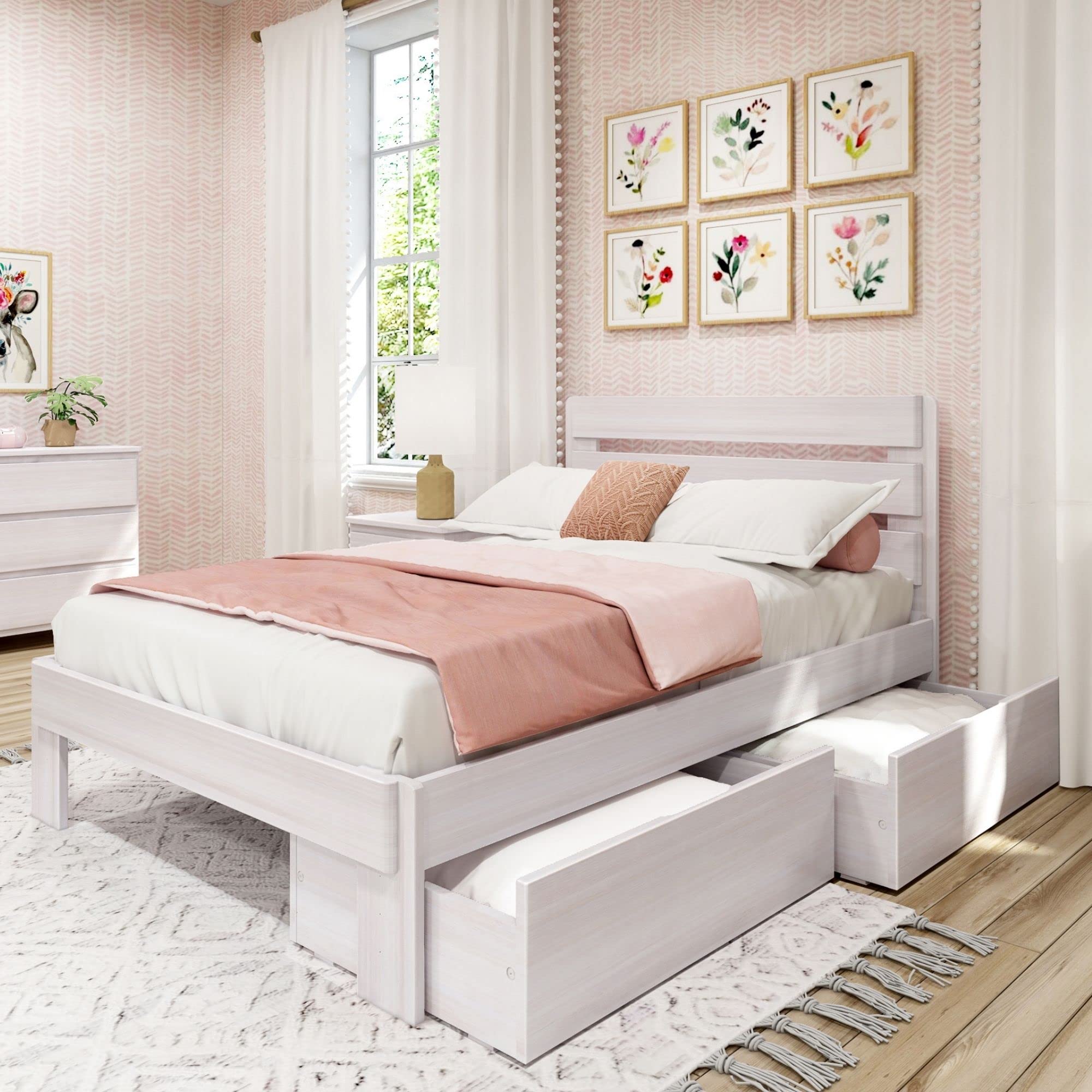 Modern Farmhouse Full Bed with Plank Headboard & Storage Drawers - White Wash Finish | Rustic Bedroom Furniture for Kids, Teens & Guest Rooms | Durable Solid Wood Frame for Cozy Home Decor