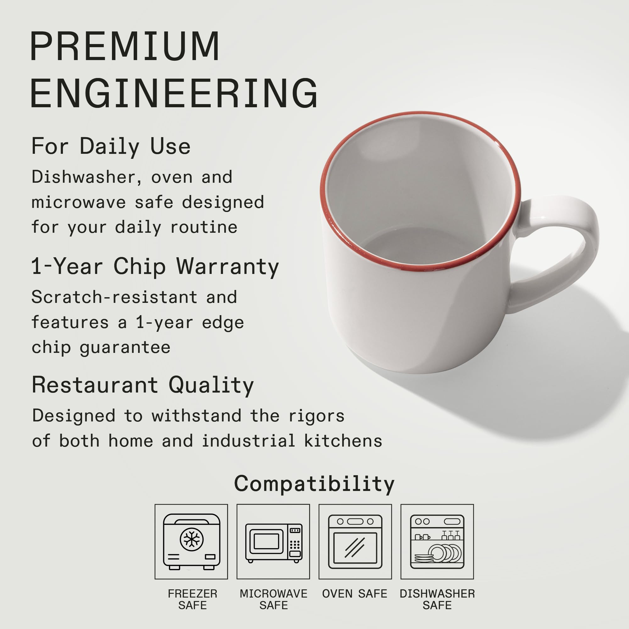 Premium Porcelain Coffee Mug Set of 4 - 12 oz White Mugs with Red Rim - Made in England - Dishwasher & Microwave Safe - Perfect for Home, Office or Gift Giving