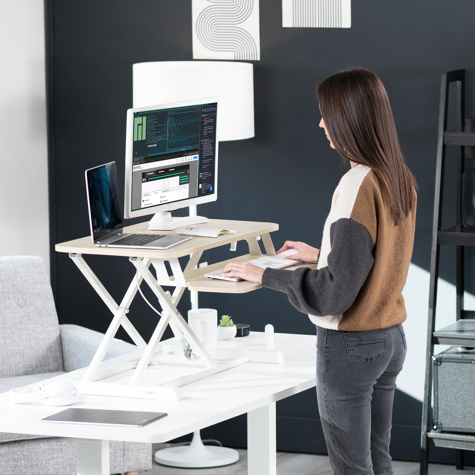 VIVO K Series 32 Inch Height Adjustable Sit Stand Desk Converter - Dual Monitor & Laptop Workstation with Wide Keyboard Tray, Light Wood Top & White Frame (DESK-V000KF) - Perfect for Home Office, Gaming Setup & Ergonomic Workspace