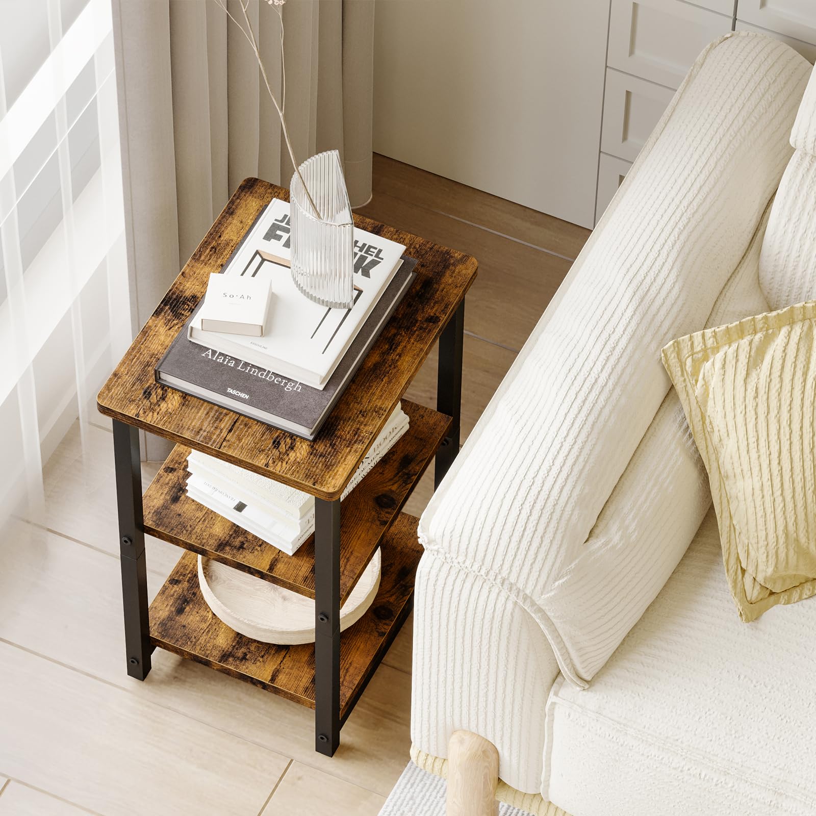 3-Tier Rustic Side Table - Small End Table & Nightstand for Living Room, Bedroom & Office | Fixwal Sofa Table in Brown & Black | Perfect for Holding Drinks, Books & Decor