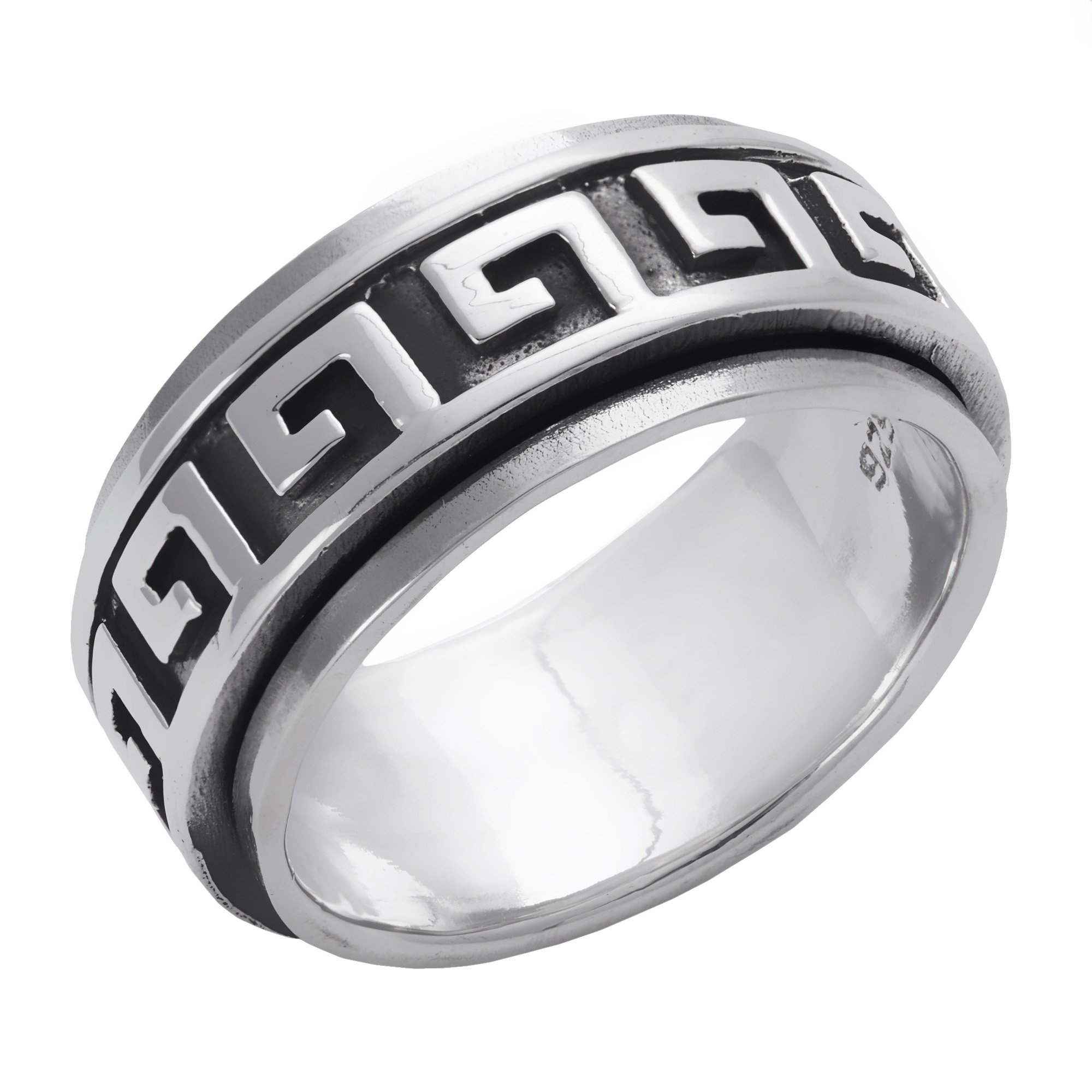 925 Sterling Silver Anxiety Spinner Ring for Women & Men - 9mm Greek Key Design Fidget Ring - Oxidized Wedding Gift, Engagement Jewelry - Ancient Greece Style Stress Relief Ring for Office, Travel & Daily Wear