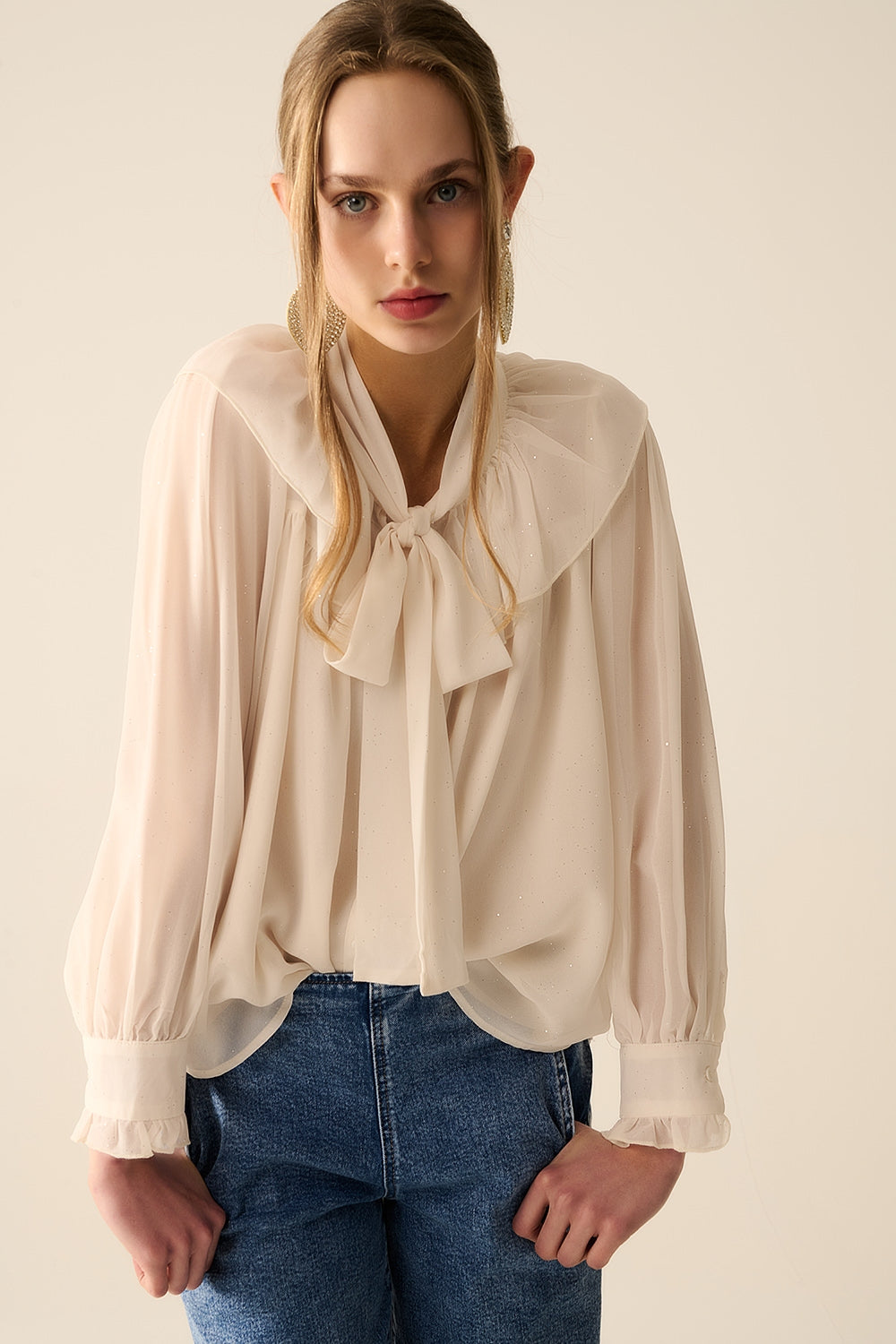 Chiffon Beige Blouse with Bow Detail - Elegant Women's Top for Office, Party & Casual Wear