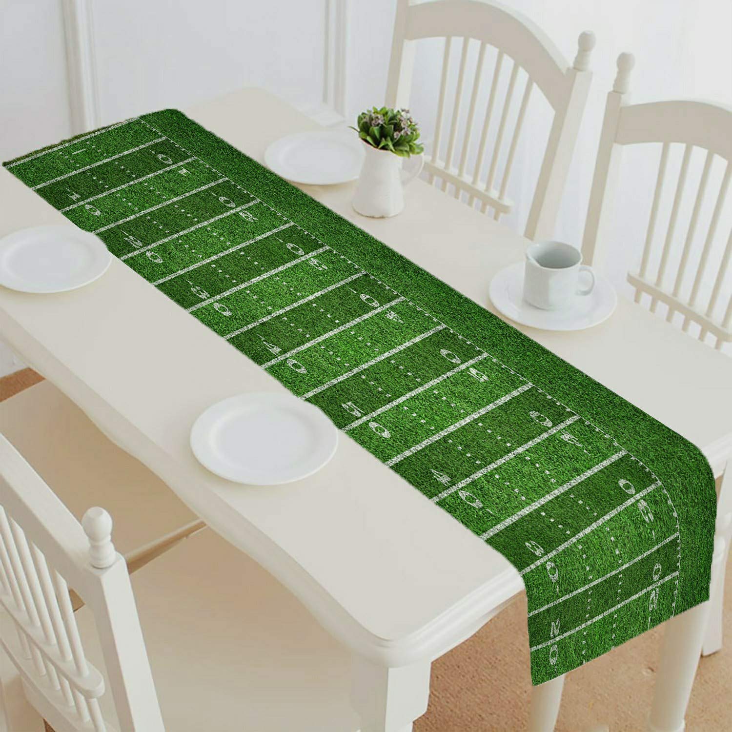 ECZJNT Green Grass American Football Field Table Runner - 14x72 Inch White Lines Marking Pitch Tablecloth for Dining, Tea Party & Game Day Decor