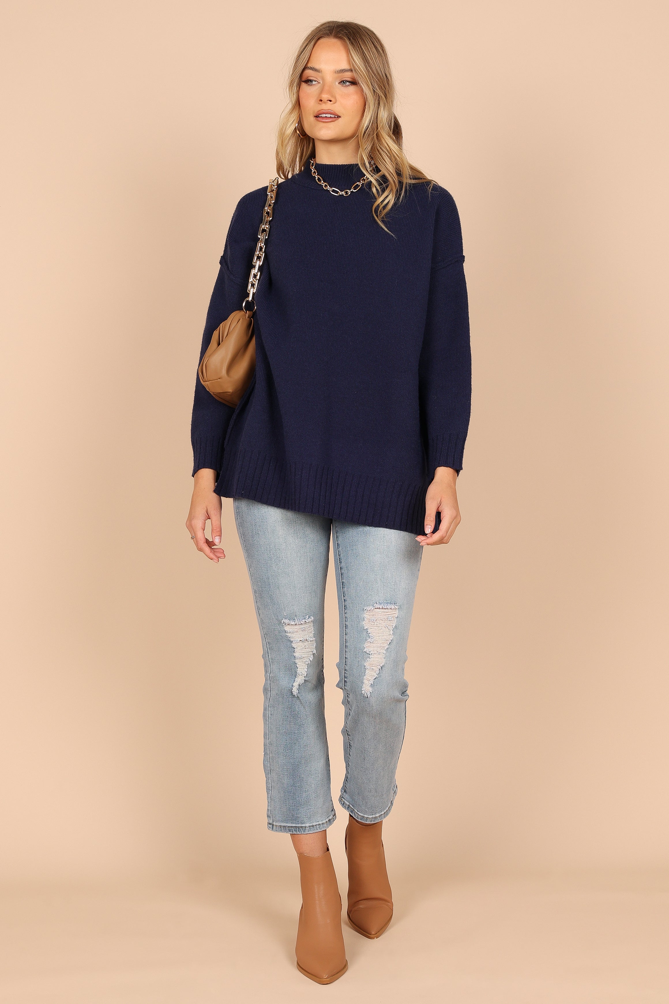 Alisa Mock Neck Knit Sweater for Women - Soft Winter Pullover, Navy Blue, Cozy Casual Wear for Office, Date Night & Holiday Outfits