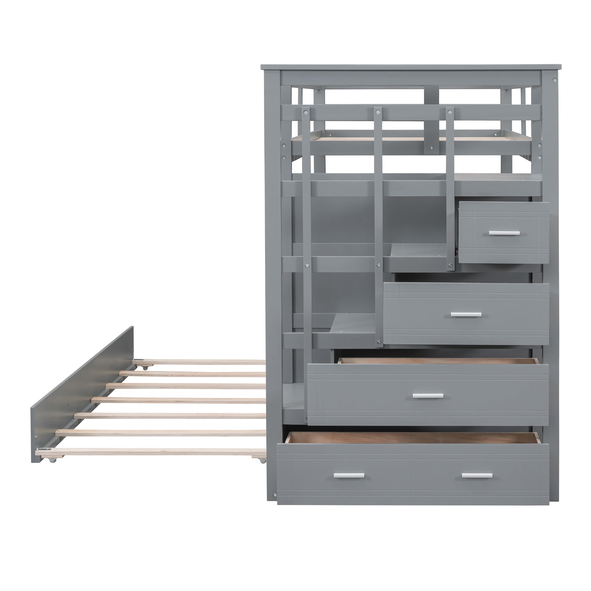 Harper & Bright Designs Twin Over Twin Wooden Bunk Beds with Trundle & Storage Drawers - Staircase Bunk Bed Frame with High Safety Guardrail for Kids, Teens & Adults (Grey) - Perfect for Small Bedrooms, Guest Rooms & Vacation Homes