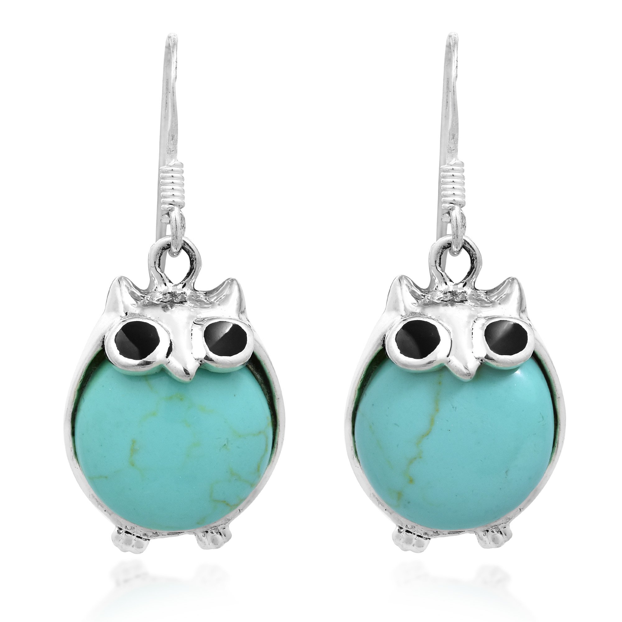 AeraVida Chubby Night Owls Simulated Turquoise .925 Sterling Silver Earrings for Women | Owl Jewelry Gifts | Handmade Dangle Earrings for Casual Wear, Date Night & Special Occasions