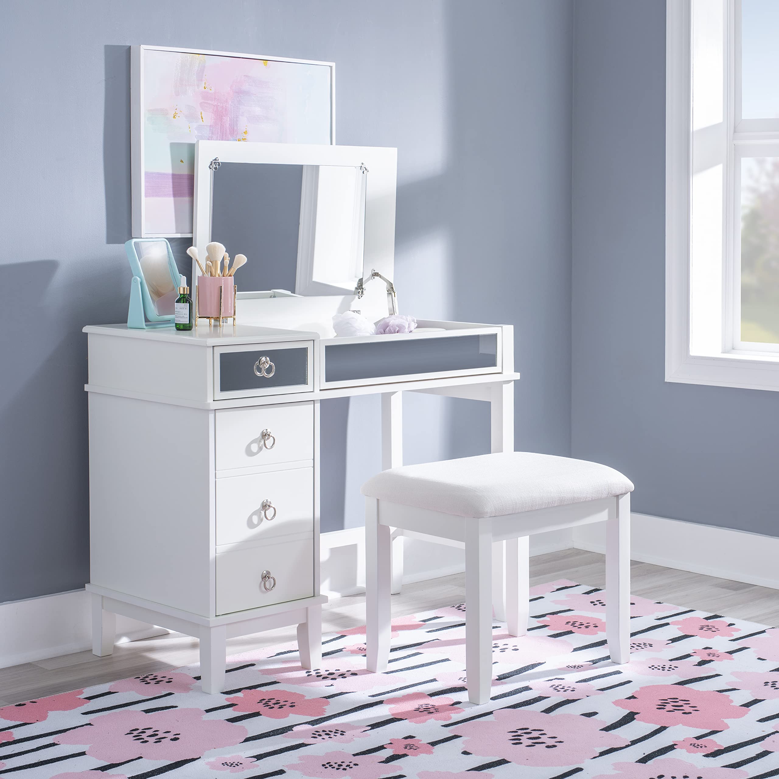 Linon White Vanity Set with Mirror & Stool - Elegant Dressing Table for Bedroom, Bathroom & Makeup Area
