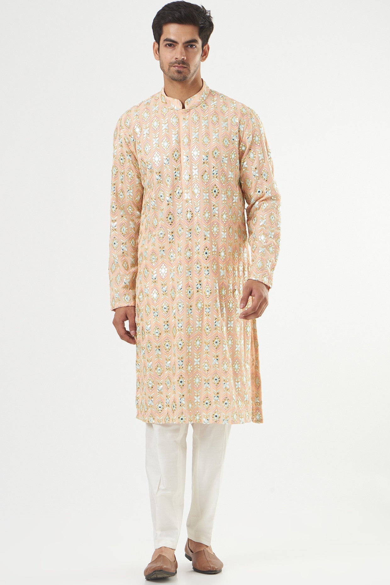 Elegant Peach Georgette Embroidered Kurta for Women - Traditional Indian Tunic Top for Festivals, Weddings & Special Occasions