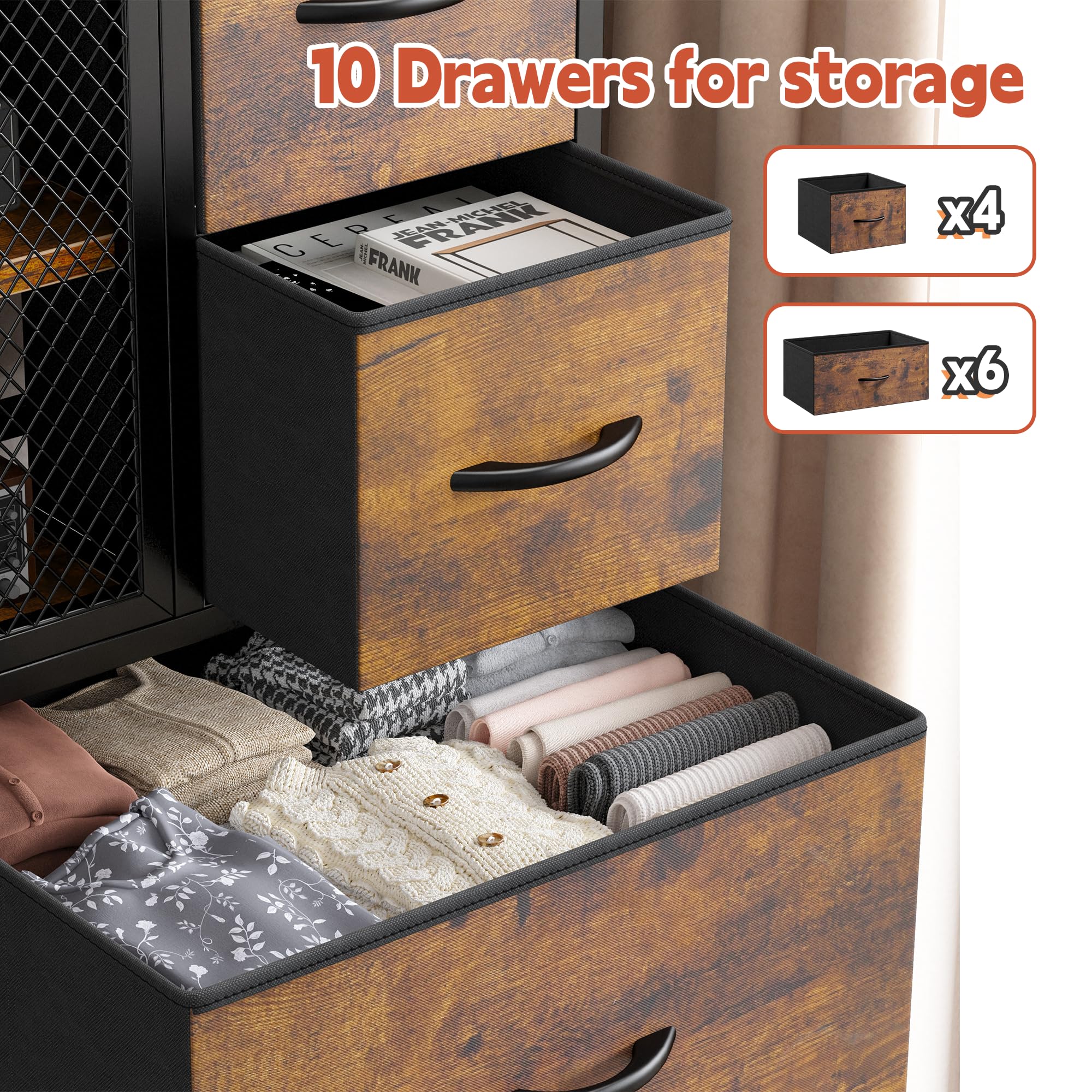 Rustic Brown Tall Dresser with 10 Fabric Drawers - Wood Top & Metal Frame Bedroom Storage Organizer for Closet or Entryway (48.1