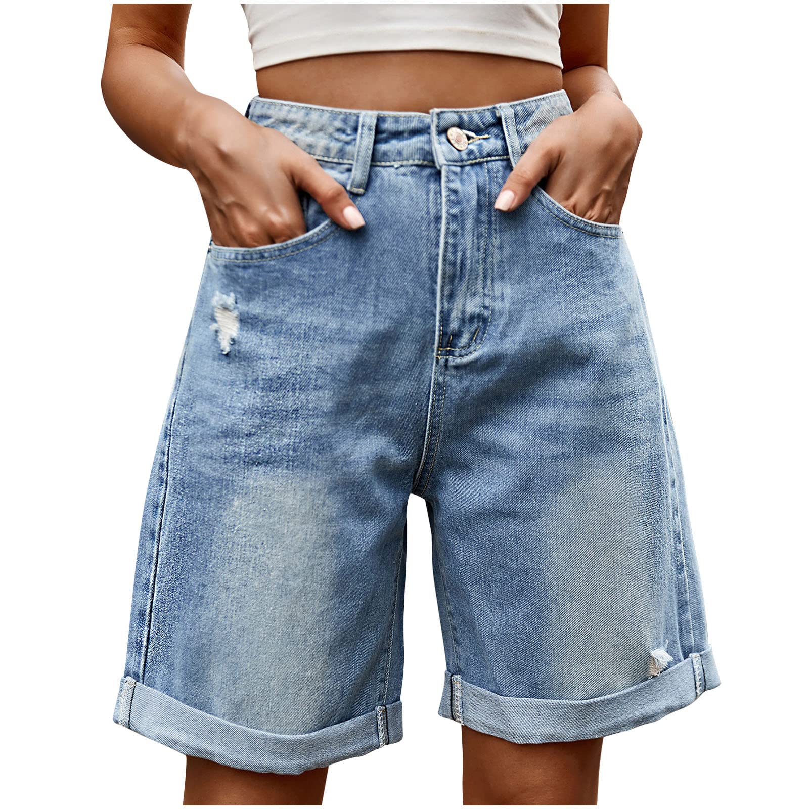 Women's High Waisted Wide Leg Denim Shorts - Summer Casual Ripped Knee Length Jean Shorts Plus Size | Perfect for Beach, Vacation & Everyday Wear