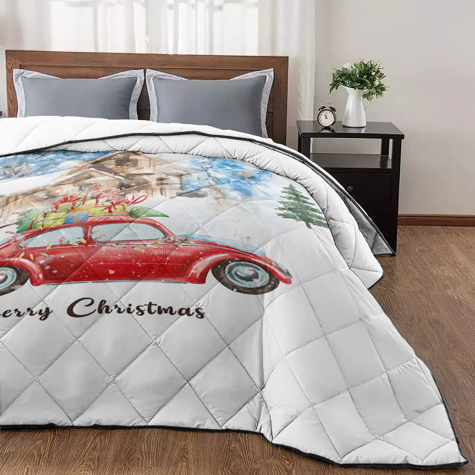 T&H XHome Queen Size Luxury Quilted Comforter - Ultra Soft, Lightweight & Reversible All-Season Bedding Set | Perfect for Christmas Decor, Winter Warmth & Summer Comfort | Snow Village Design with Merry Christmas Truck Pull Gift Theme