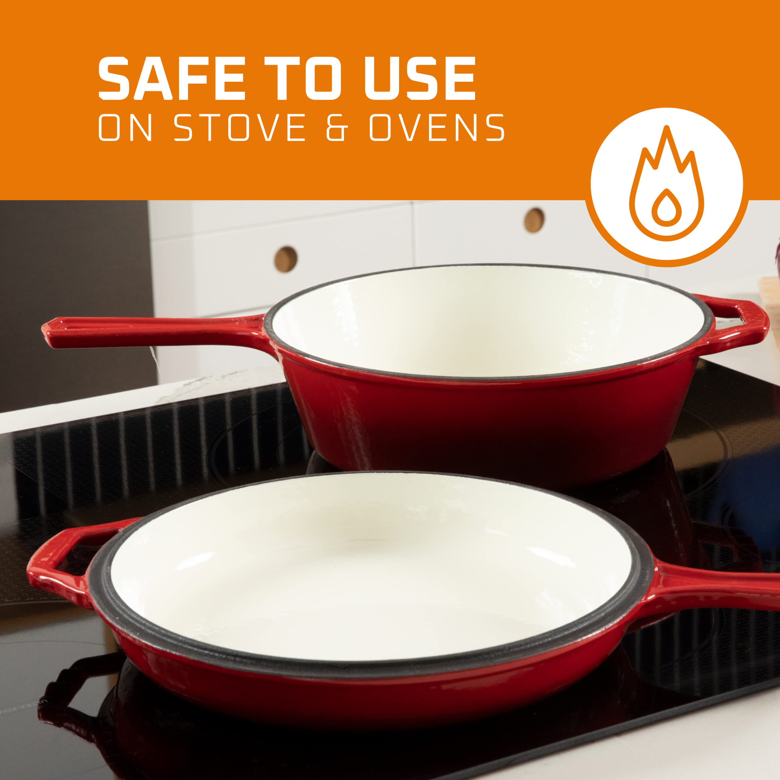 2-in-1 Enameled Cast Iron Dutch Oven with Skillet Lid - 5 Quart Fire Red Cookware for Induction, Gas, Electric & Oven Use - Bruntmor Multi-Cooker for Braising, Baking, Frying & Camping Cooking