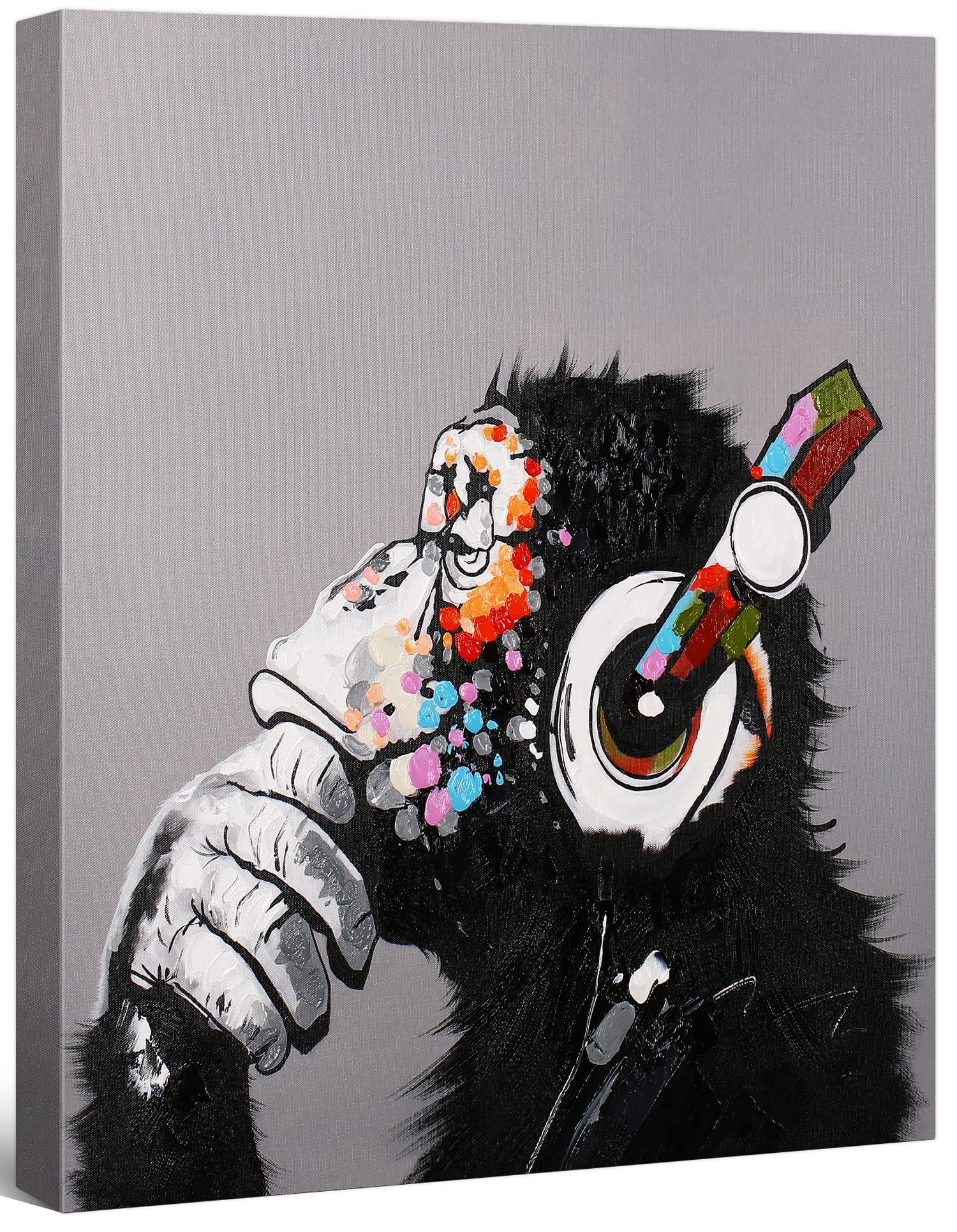 Modern Pop Art Framed Canvas Print - Thinking Monkey with Headphones Wall Art for Home & Office Decor, 14x18 Inches - Perfect for Living Room, Bedroom or Creative Workspace