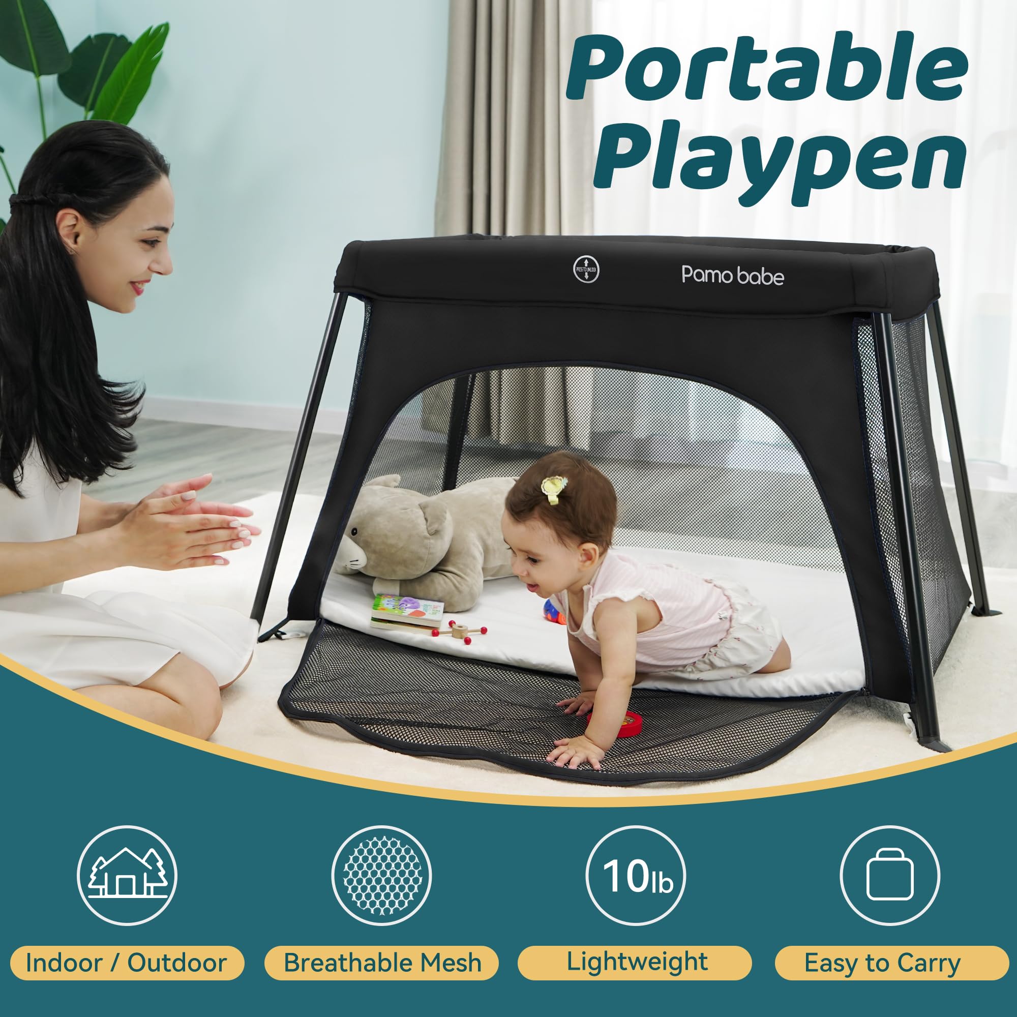 Pamo Babe Portable Travel Crib - Lightweight Baby Playpen with Zippered Door & Carry Bag for Airplane Travel - Easy Fold & Carry - Perfect for Home, Travel, Camping & Grandparents' House