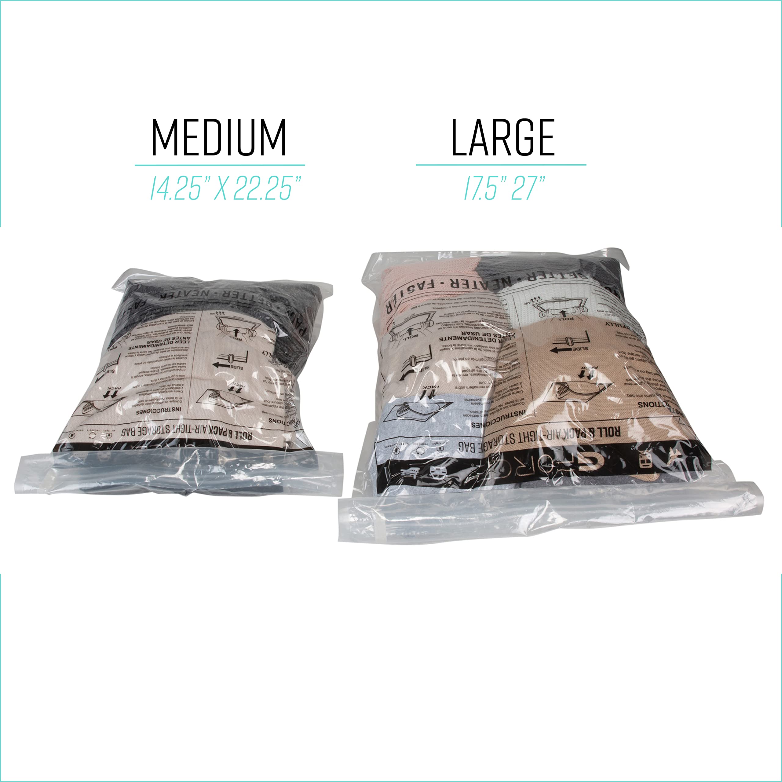 GForce 2 Pack Roll N Stow Travel Packing Bags - Luggage Organizer with Air-Tight Compression & Zipper Seal | Space Saving Medium & Large Clear Storage Bags for Clothes, Blankets & Travel Essentials | Perfect for Vacations, Business Trips & Moving