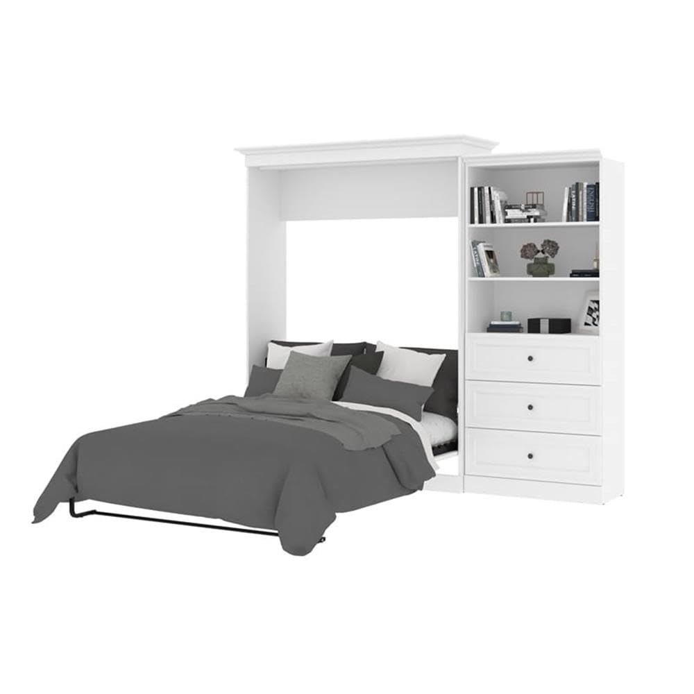 White Wood Queen Murphy Bed with Built-in Drawers & Organizer - Space-Saving Wall Bed for Small Apartments, Guest Rooms & Home Offices
