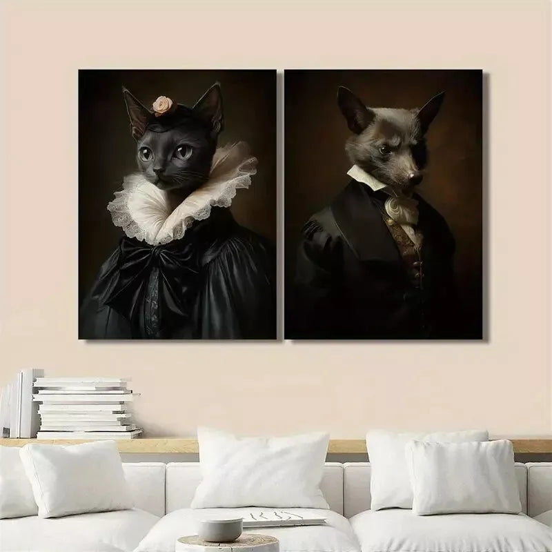 2pcs Black Cat & Bat Gothic Renaissance Portrait Canvas Wall Art - 50x75cm Framed High Quality Print | 100% Australian Made | Ready to Hang | Perfect for Halloween Decor, Gothic Home Decor & Dark Academia Aesthetic