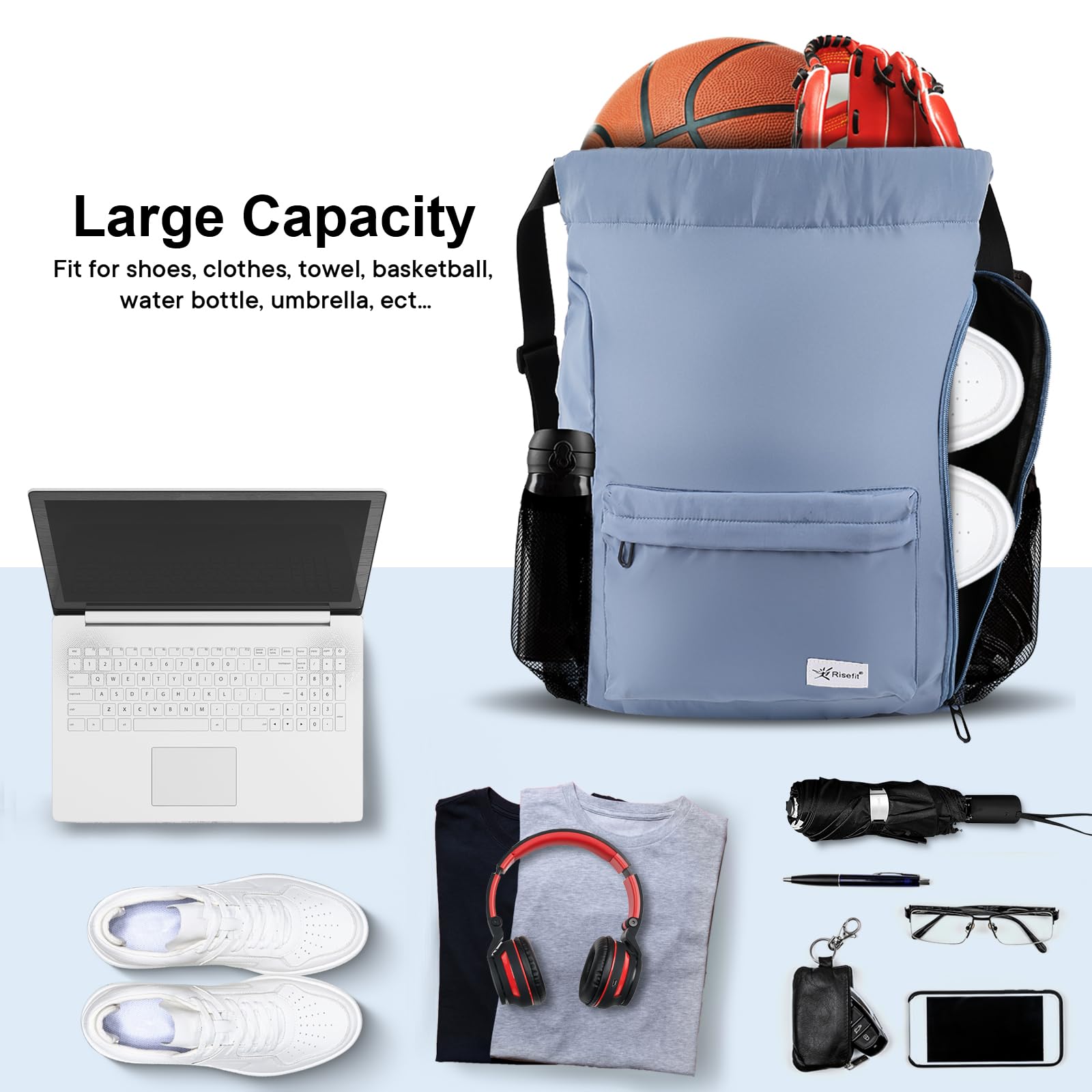 Drawstring Backpack with Mesh Pockets - Water Resistant Gym Bag & Sandproof Sackpack for Men & Women - Perfect for Beach, Sports, Travel & Outdoor Activities