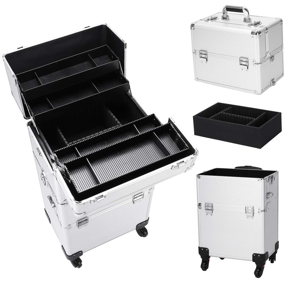 3 in 1 Professional Rolling Makeup Train Case - Aluminum Cosmetic Organizer with 4 Removable Wheels & Lockable Keys (Silver) | Perfect for Makeup Artists, Hairstylists & Beauty Professionals On-The-Go