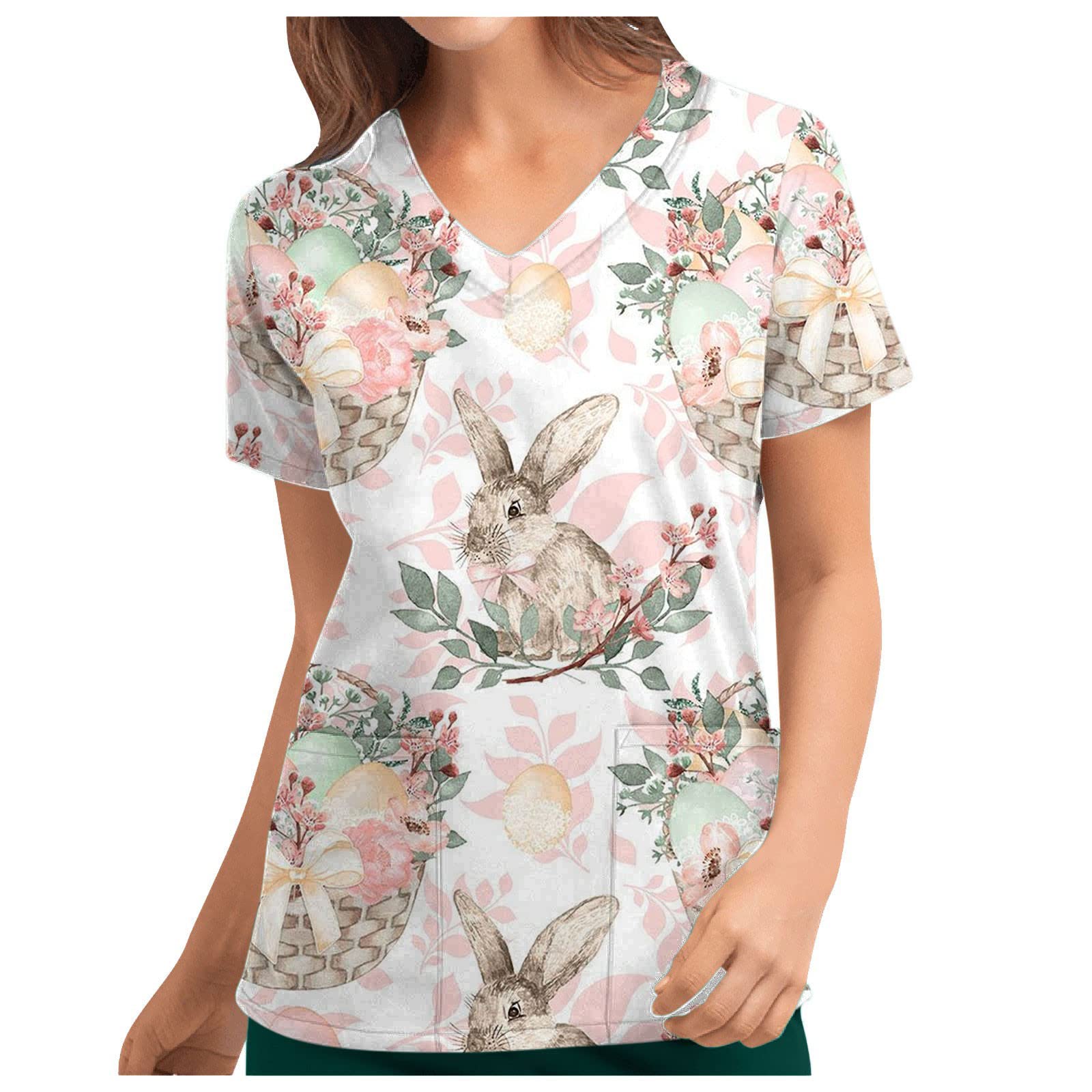Women's Easter Bunny Egg Graphic Scrub Tops - Short Sleeve V-Neck Casual T-Shirt with Pockets - Comfy Summer Blouse for Nurses, Medical Workers & Easter Celebrations