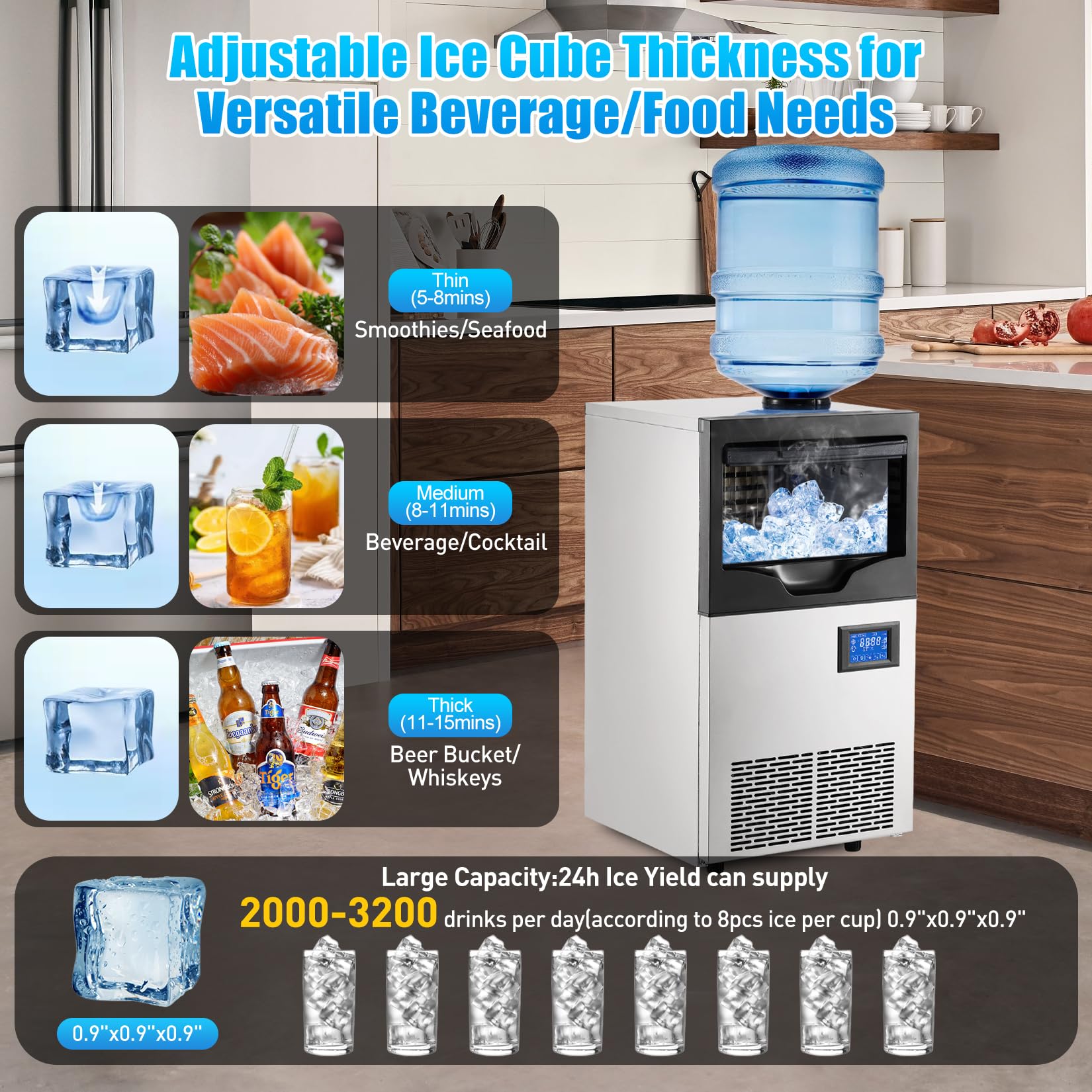 140LBS/24H Commercial Ice Maker Machine with 2 Water Inlets, Freestanding Ice Machine with 22 lbs Storage Bin - Includes Ice Scoop & Water Filter - Perfect for Home, Office, Restaurant, Bar, Cafe & Commercial Use