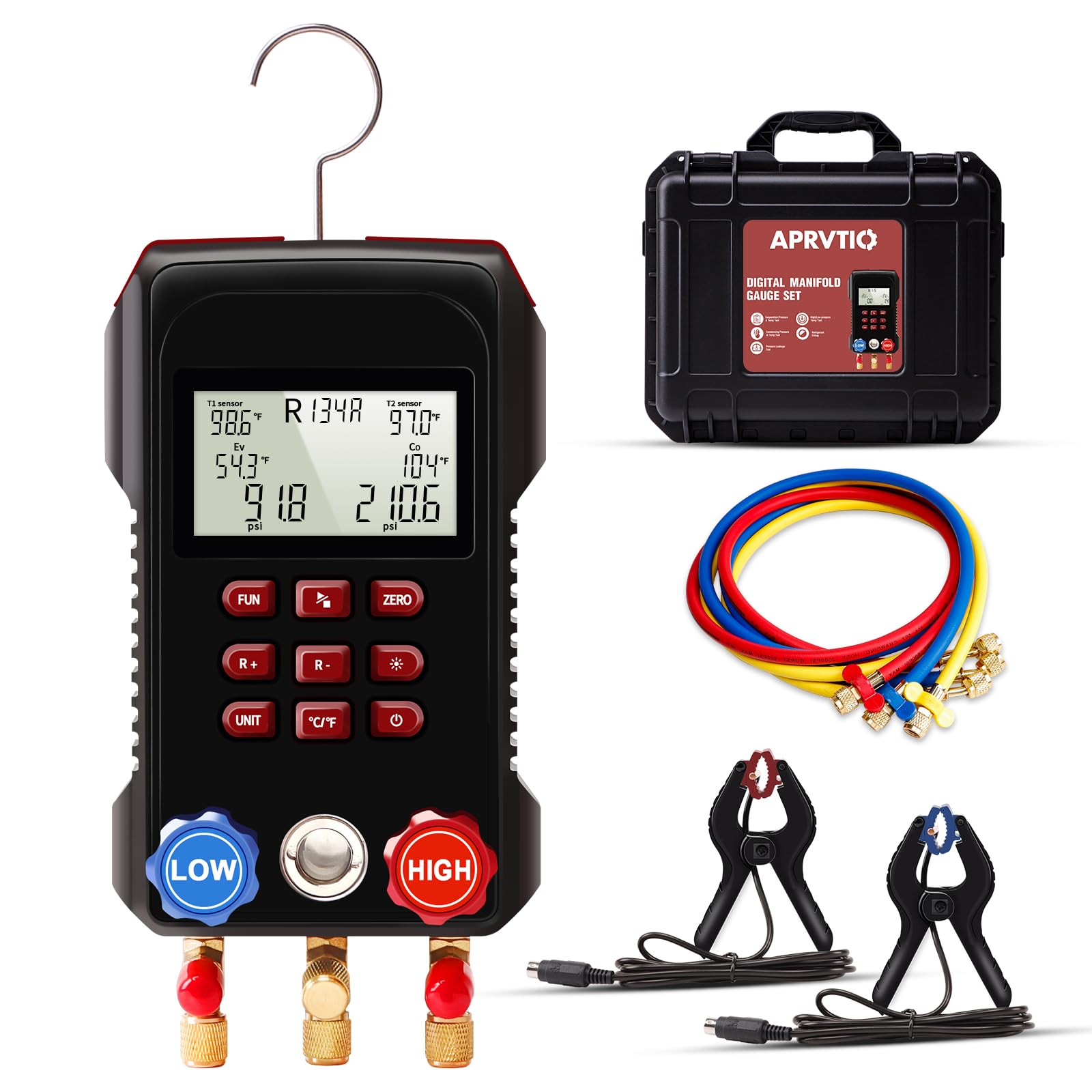 AMF-300 Digital HVAC Manifold Gauge Set with 3000psi Hoses & Dual Temperature Clamps - Professional Refrigerant Gauges for R134a R22 R12 R502 - Automotive AC Repair & HVAC System Maintenance Tool Kit