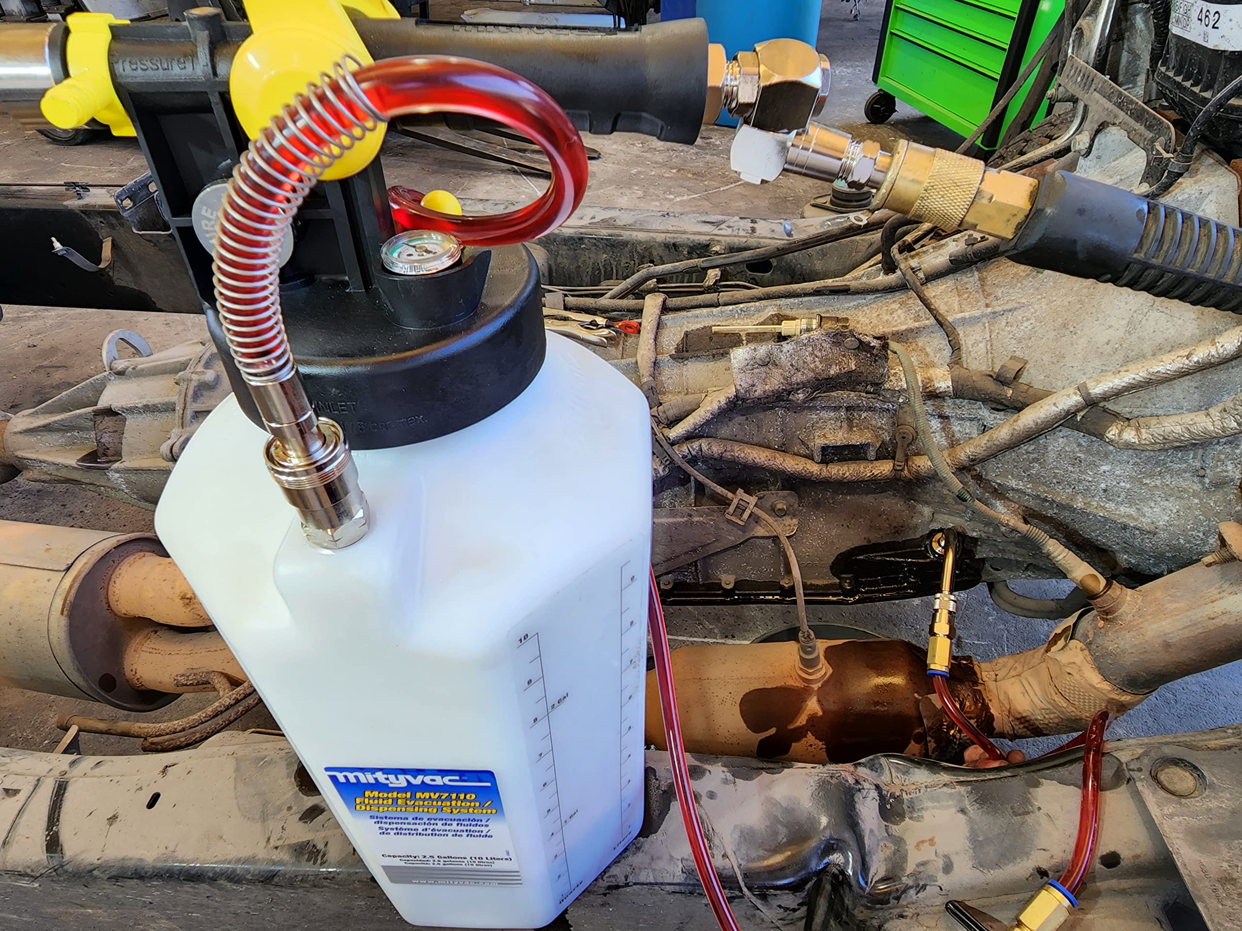 Mityvac MV7412 ATF Sealed Transmission Fluid Extractor and Refill Kit - 2.5 Gallon (10 Liter) Capacity with Compressed Air System, Isolated Flow Control & Pressure/Vacuum Switch Valves - Includes MVA575 Flexible Hose with Control Valve - Perfect for Automotive Transmission Maintenance & Fluid Changes